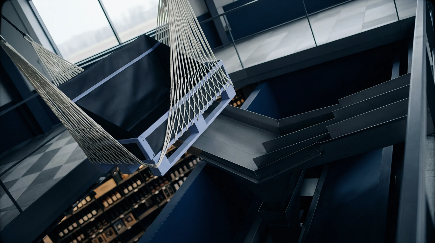 A black pallet box hangs from white ropes over a metal chute system above stocked bottle racks in an industrial warehouse.