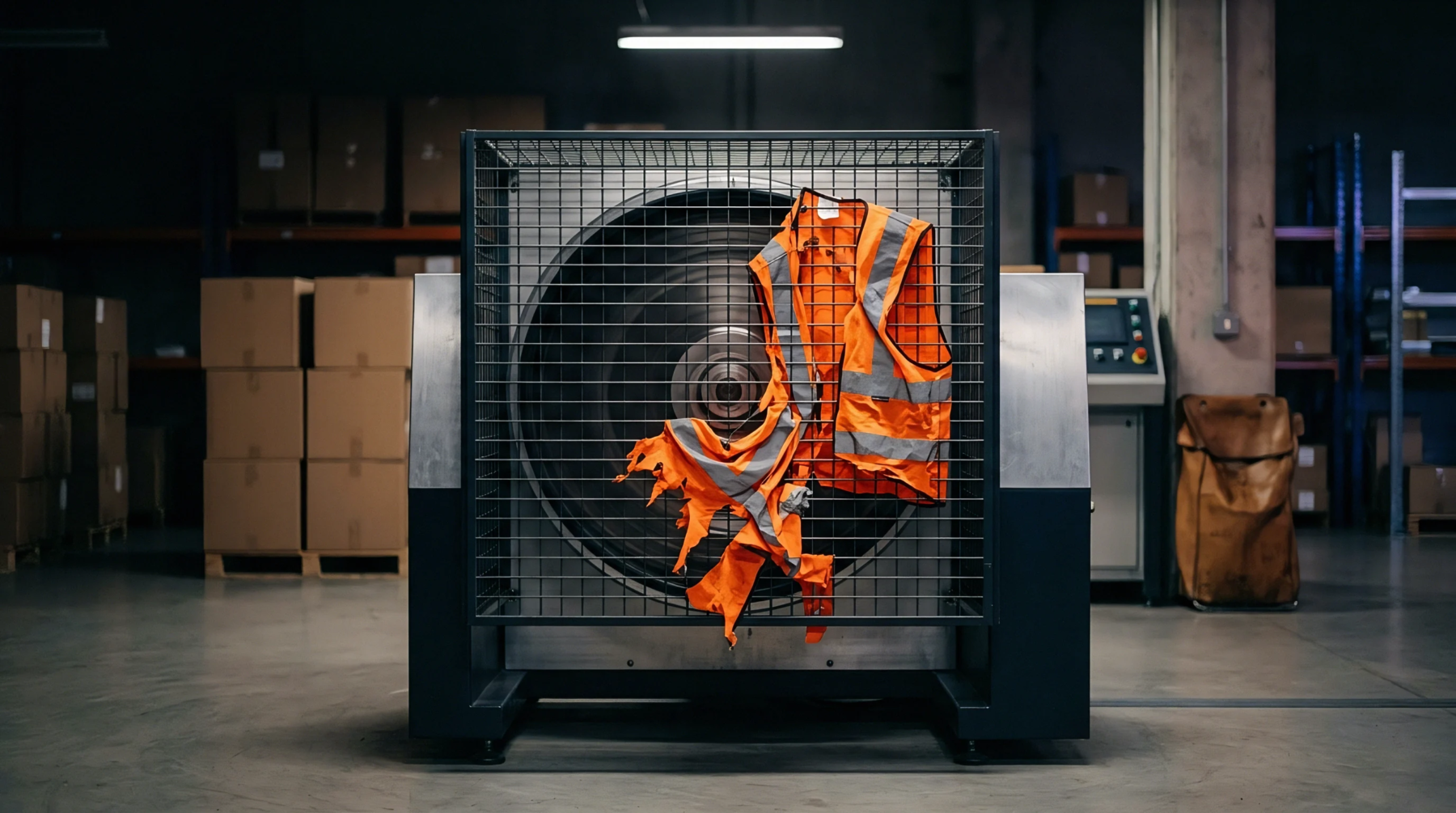 An industrial ventilation fan enclosed within a protective metal cage sits inside a warehouse facility holding a safety garment entangled in internal machinery.