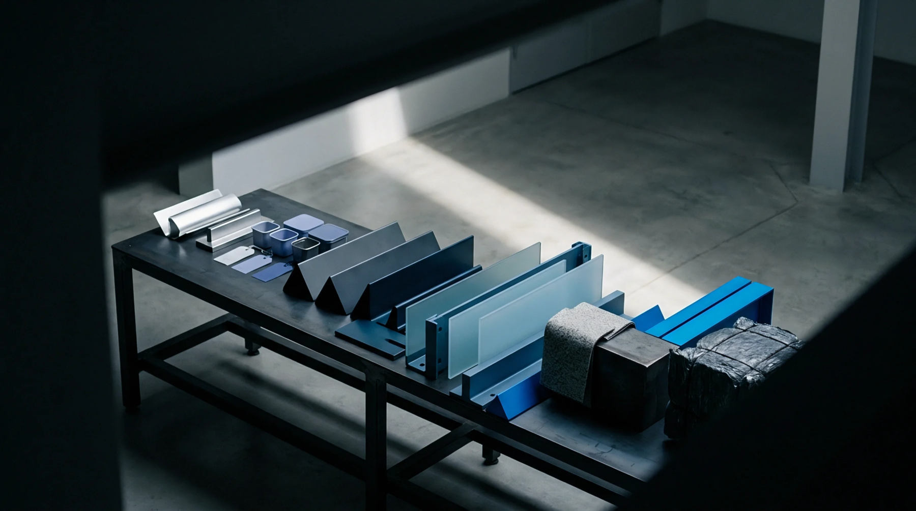 Metal industrial profiles and small components rest on a workshop workbench during a quality inspection process for raw material evaluation.