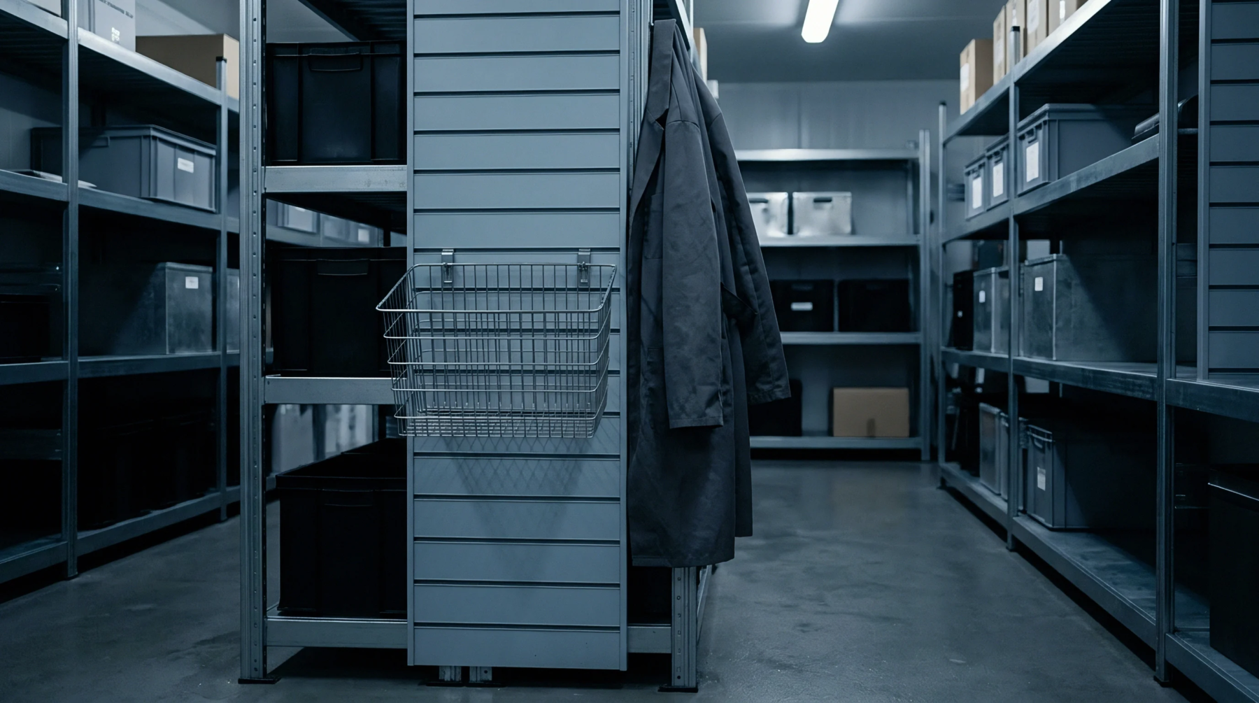 Metal shelving units with gray plastic bins and a wire basket stand in a cool blue commercial storage facility under overhead lighting.