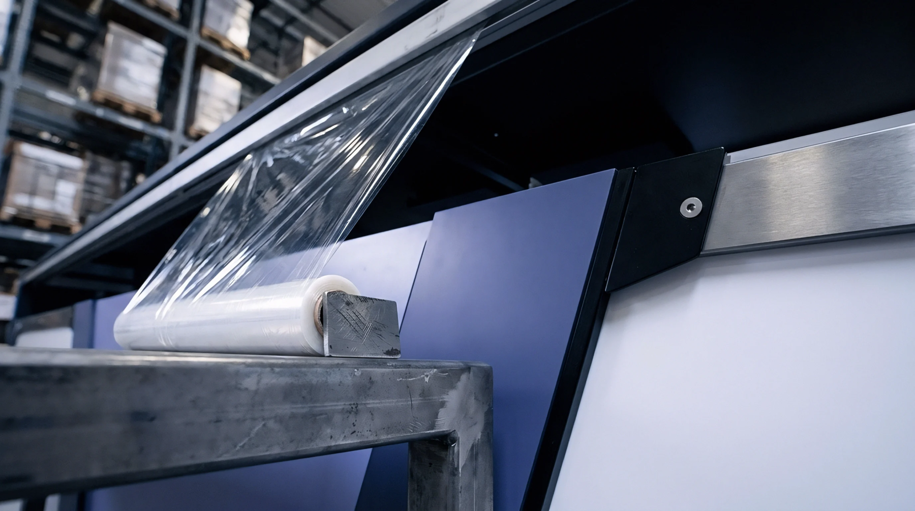 A roll of industrial stretch film rests on a metal dispensing frame within a warehouse environment awaiting use for securing palletized goods.