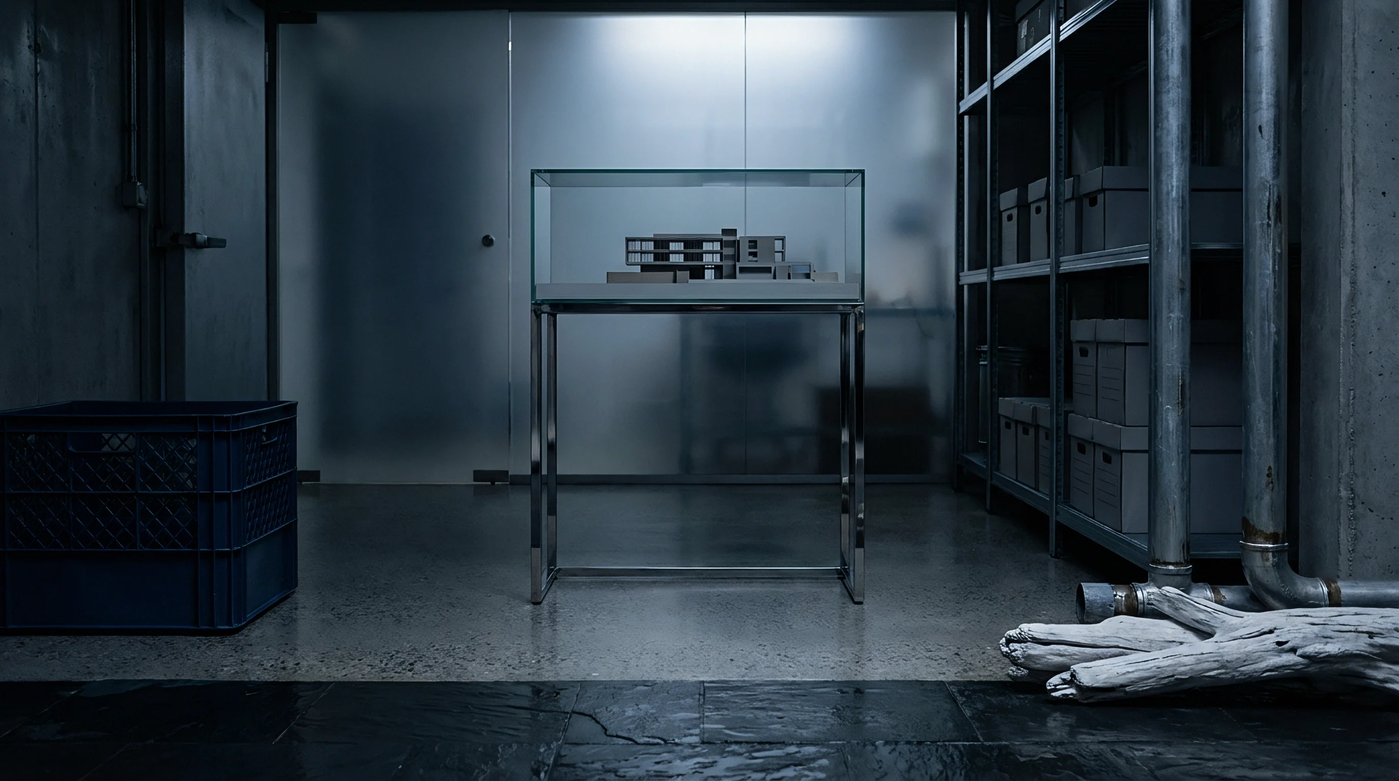 Prototype scale models rest inside glass display enclosures atop steel support furniture positioned within commercial inventory archives.