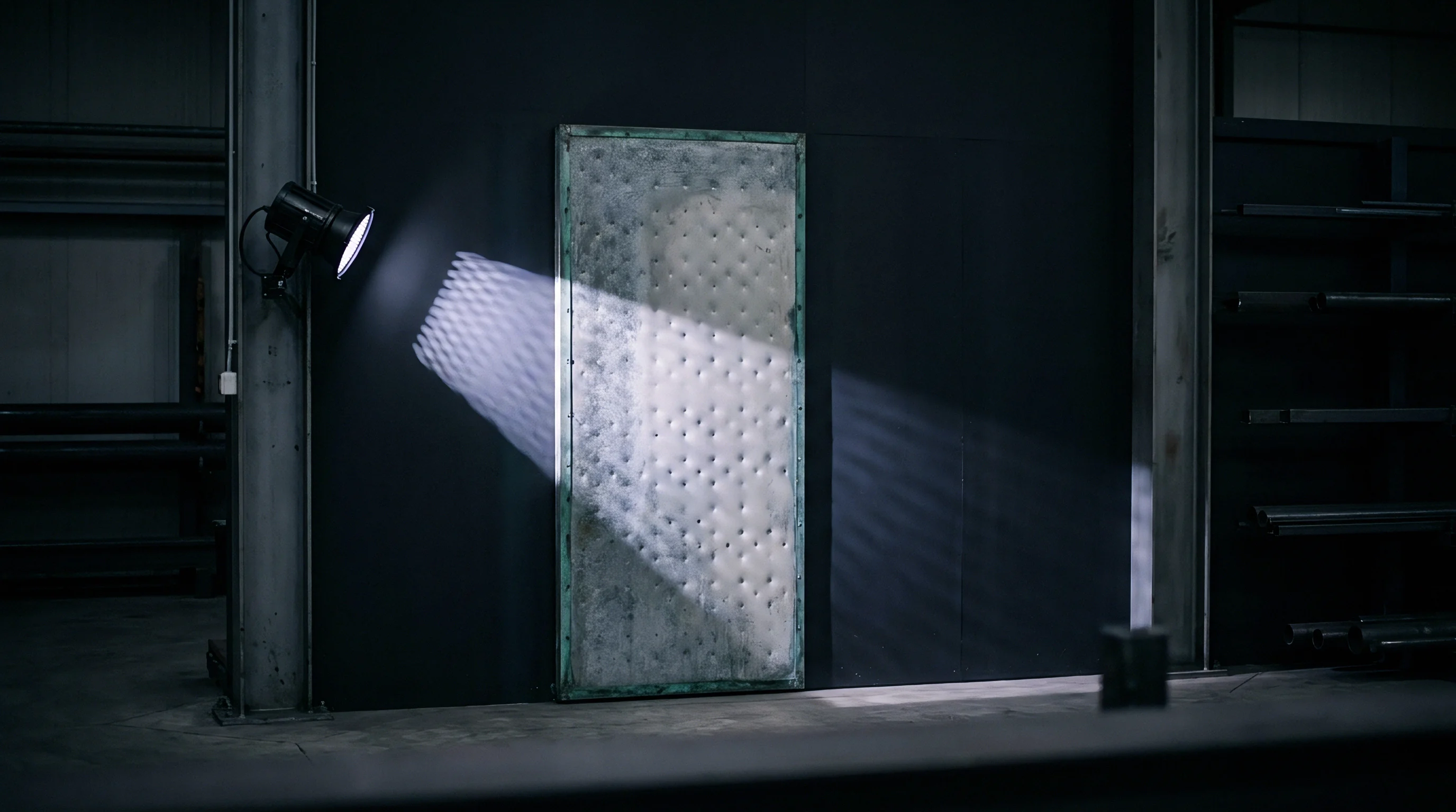 A spotlight projects a patterned shadow across an embossed metal plate mounted on a dark industrial wall within a warehouse facility.