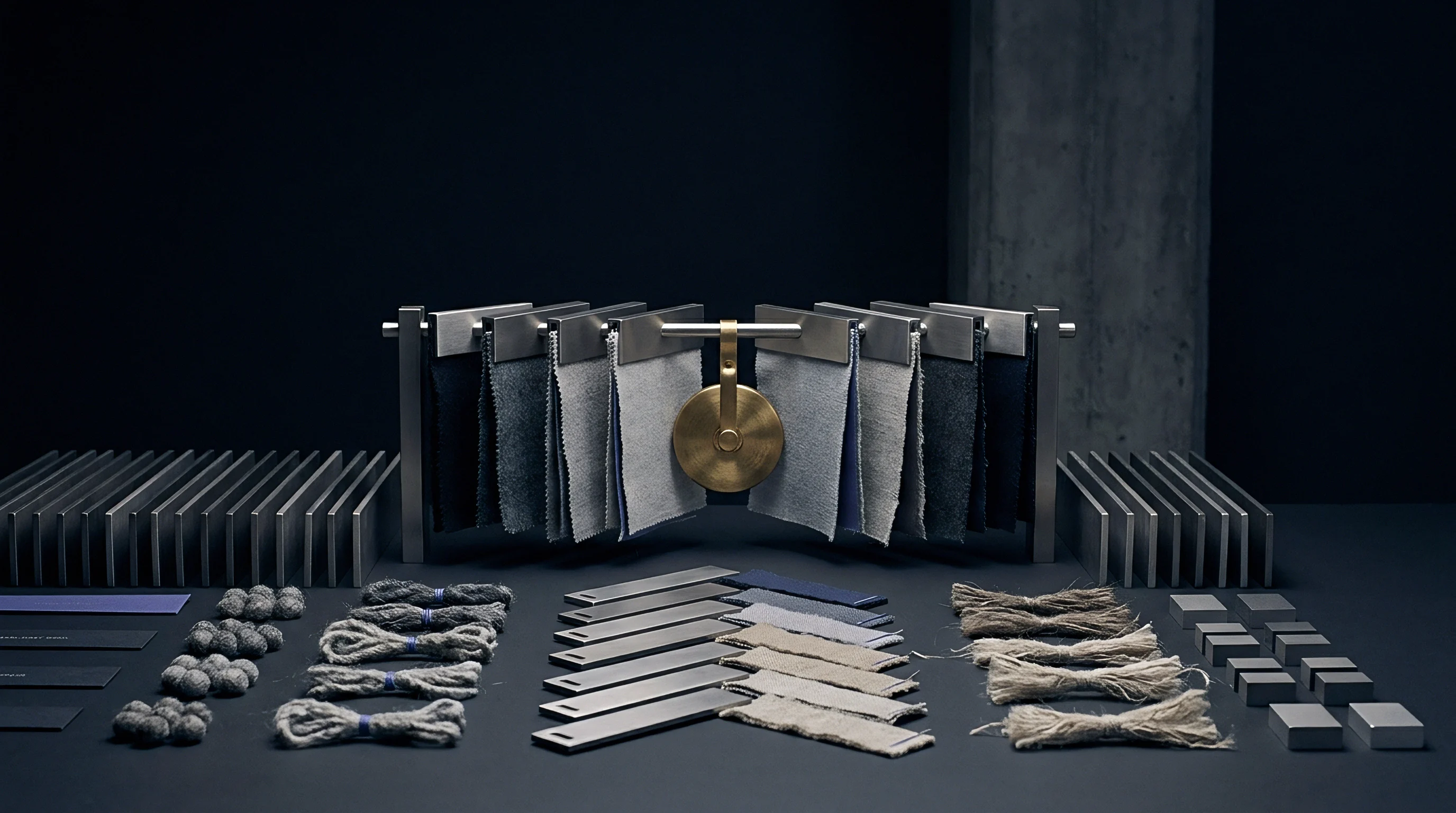 Metal display racks hold fabric swatches alongside organized textile samples and brass weights on a dark industrial work surface.