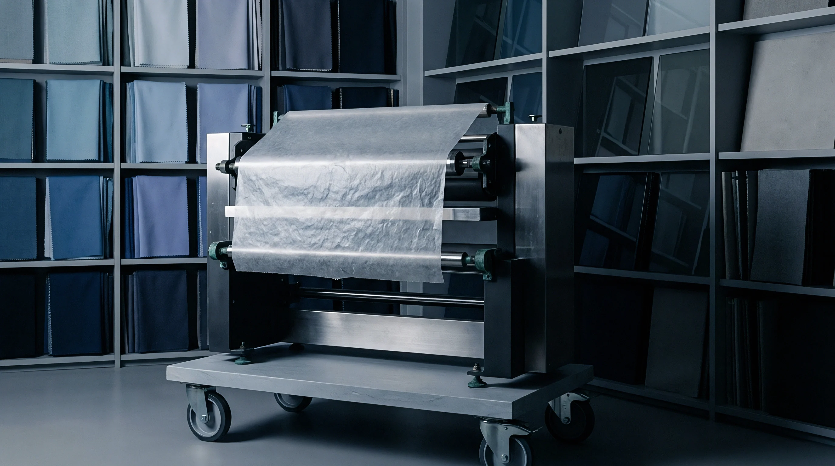A machine on wheels processes a wide roll of translucent sheet material, flanked by shelves displaying textile and dark panel samples.