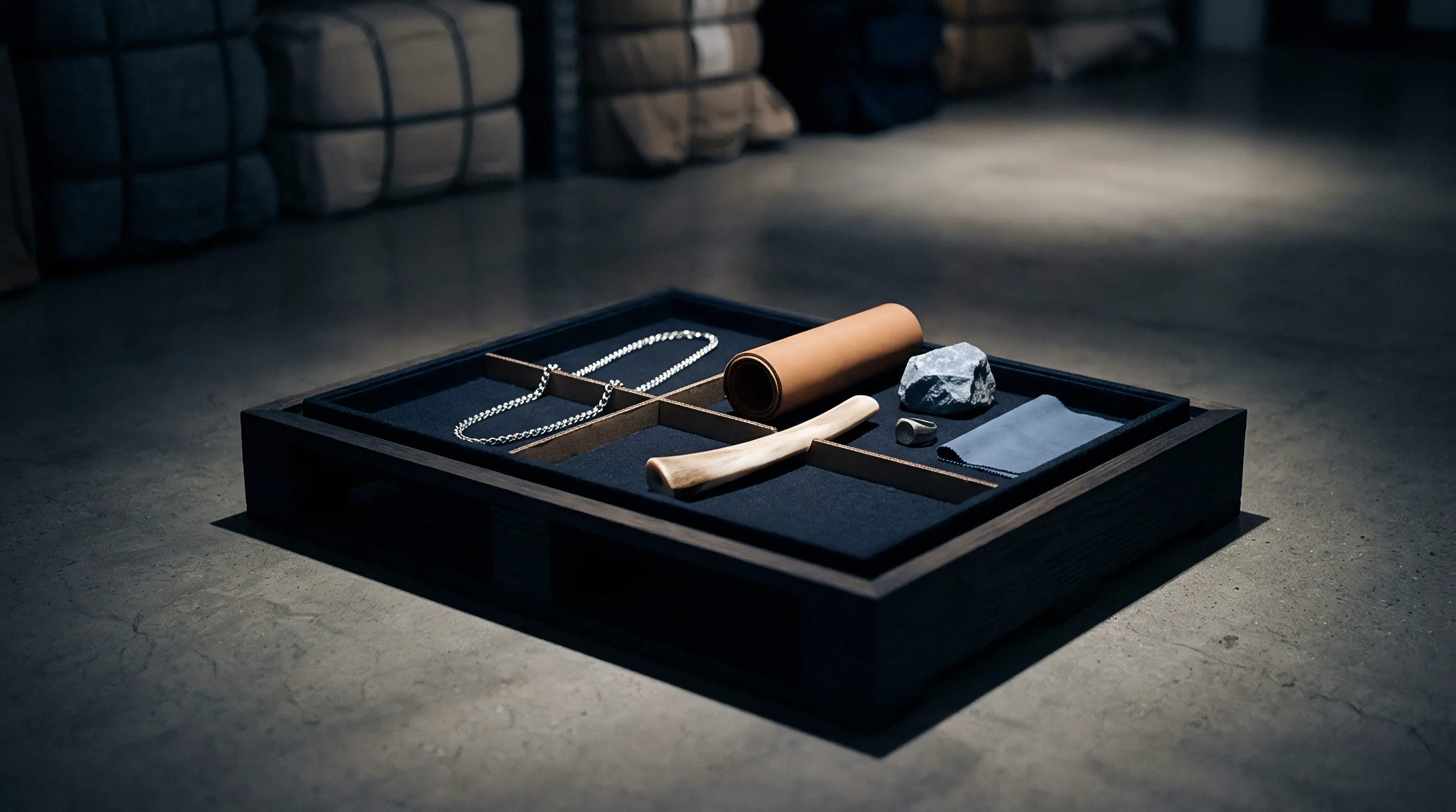 A dark tray displays curated raw materials like stone and bone alongside jewelry components such as a chain and ring on a concrete floor.