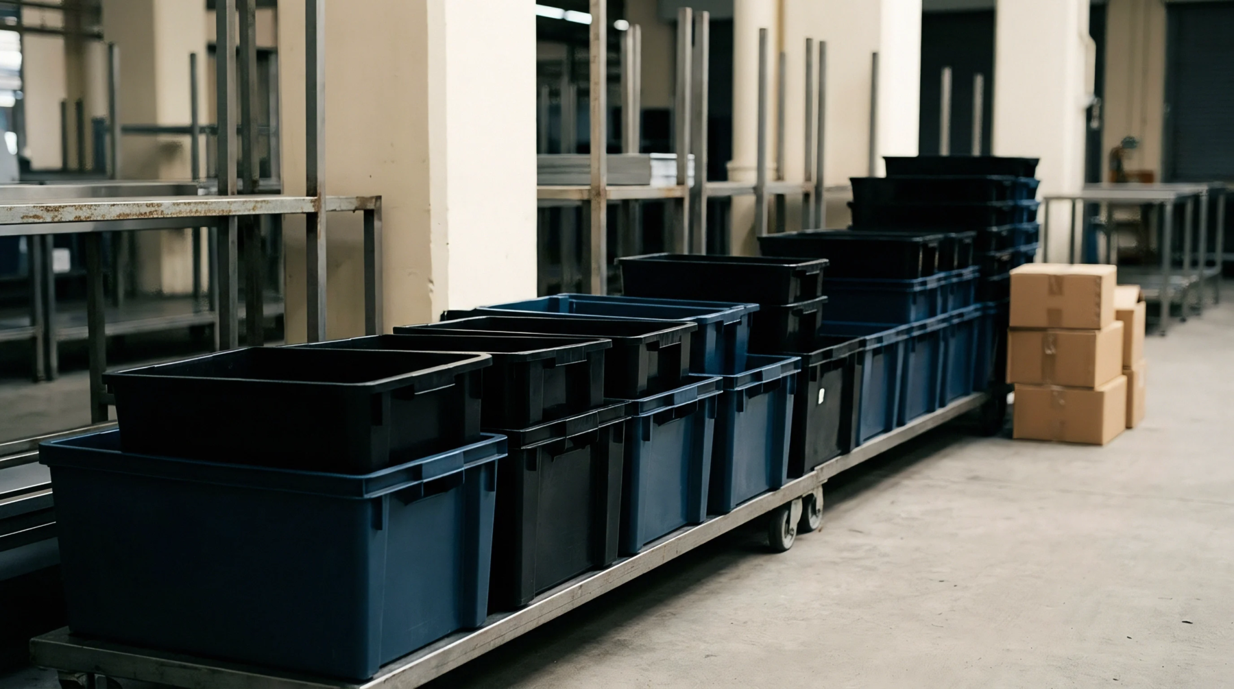 Industrial transport cart loaded with stackable plastic storage containers stands inside a commercial fulfillment warehouse floor near corrugated packaging boxes.
