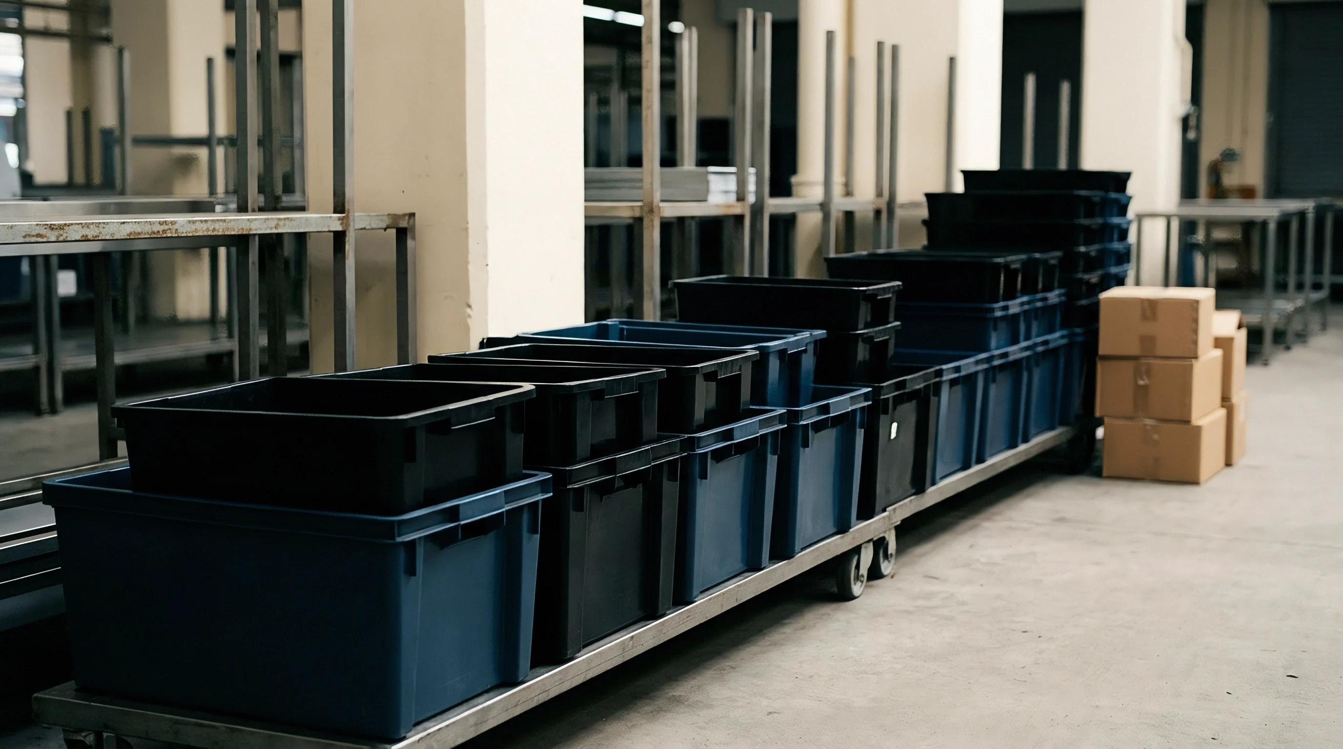 Industrial transport cart loaded with stackable plastic storage containers stands inside a commercial fulfillment warehouse floor near corrugated packaging boxes.