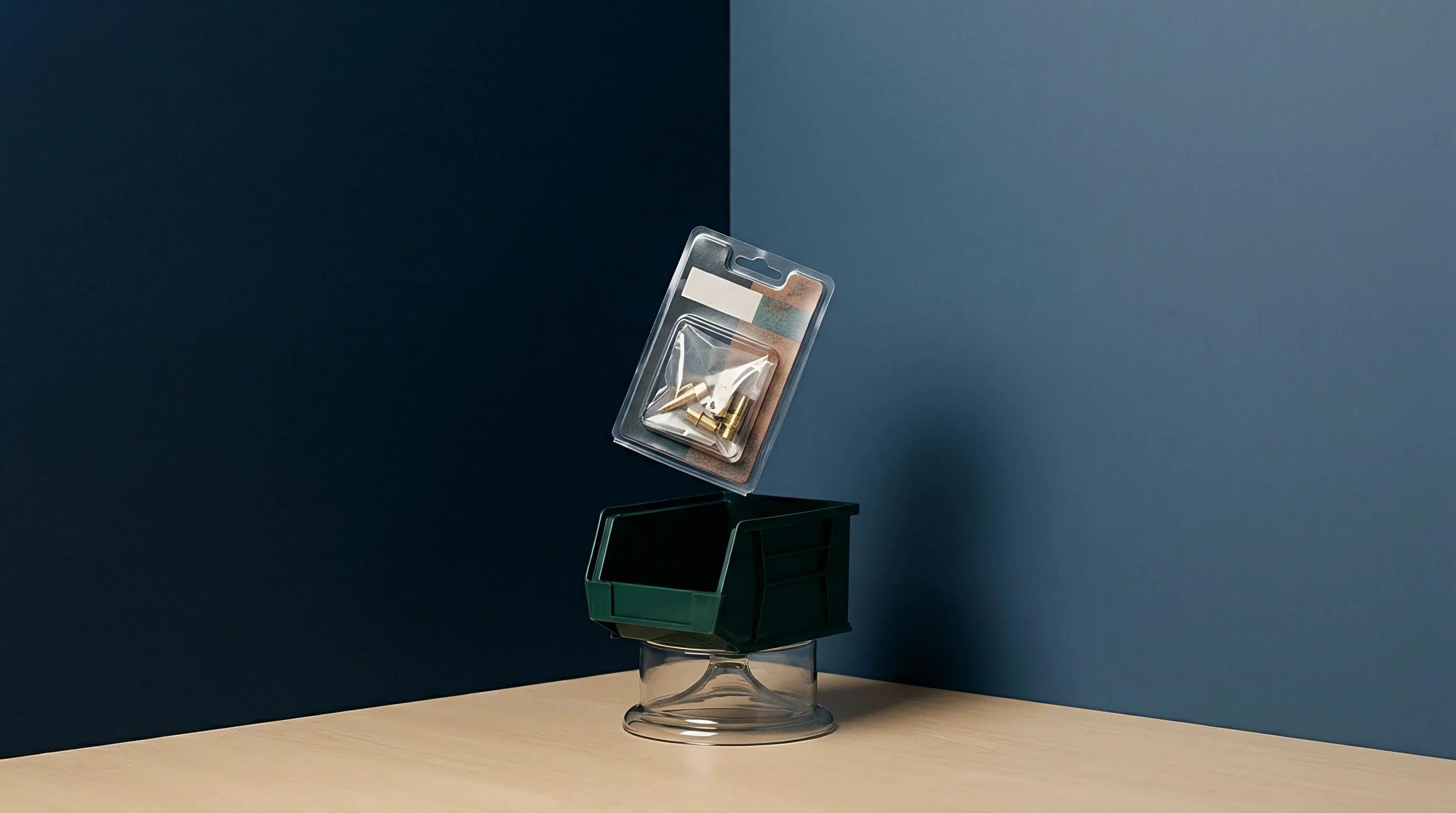 A small industrial storage bin rests beneath a suspended blister pack containing metallic machine components on a minimalist studio set.