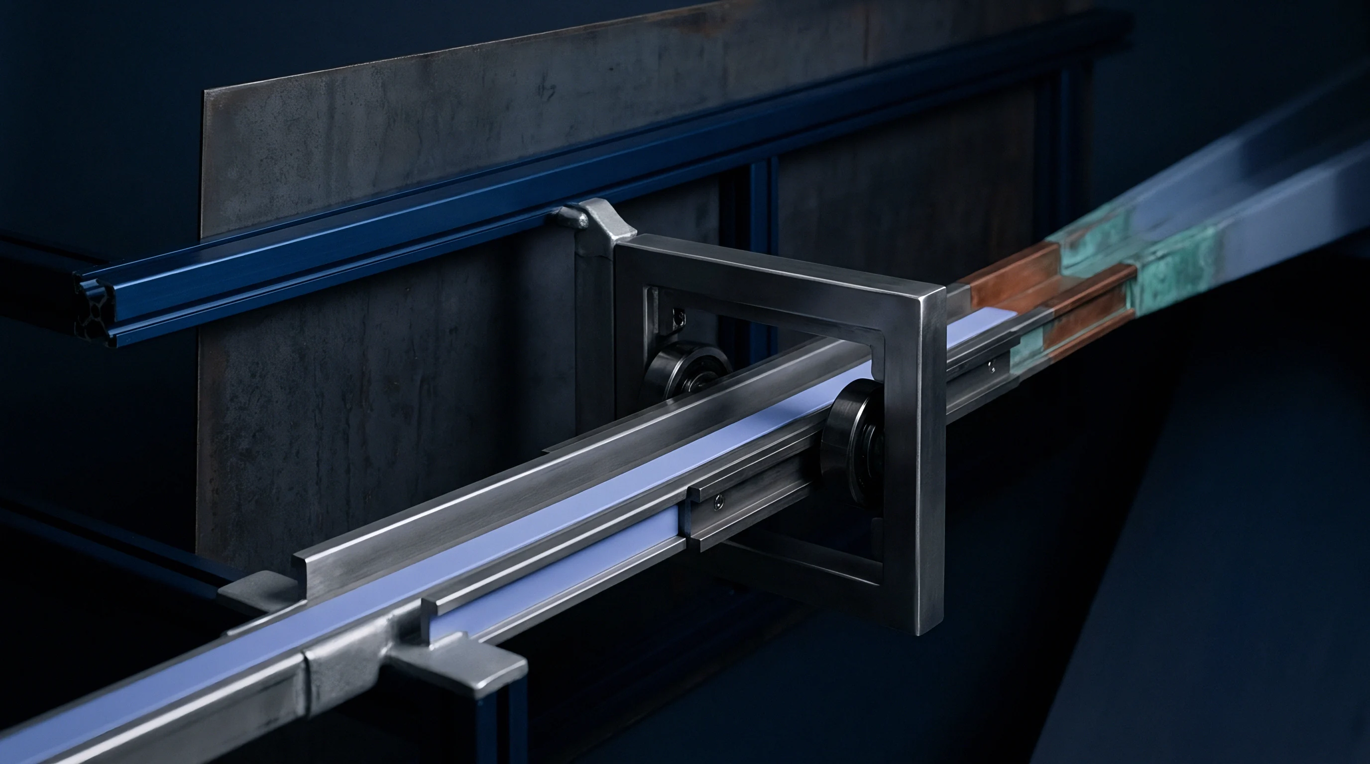 A digital render of a linear guide rail holds a steel carriage assembly fitted with roller bearings on metal tracks.