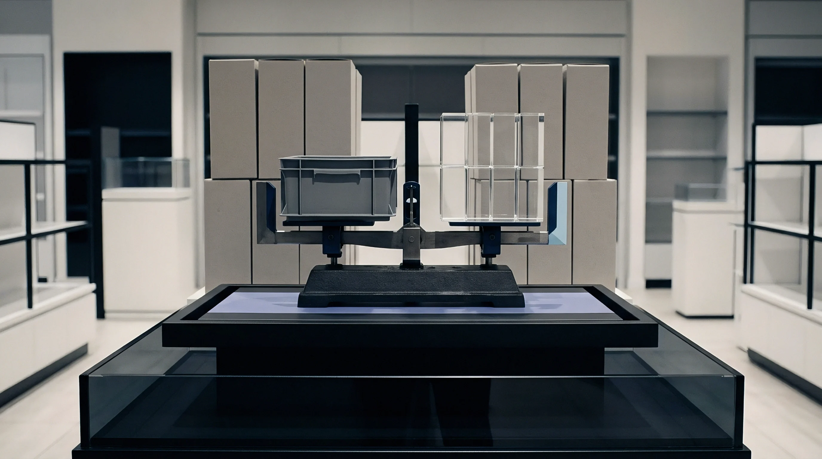 A grey industrial crate sits on the left scale platform while a transparent modular grid occupies the opposing side within a retail storage environment.