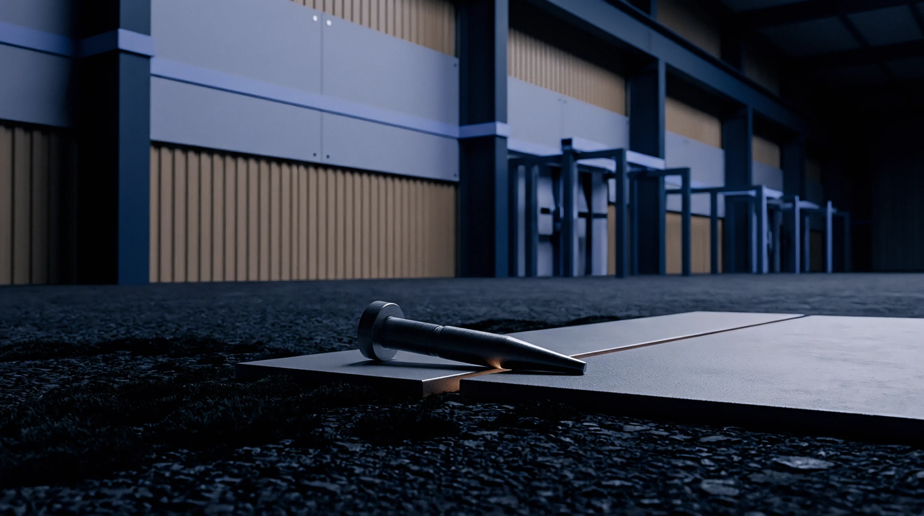 Digital render shows a single metal fastener resting on an iron plate across the dark floor of an industrial warehouse storage area.
