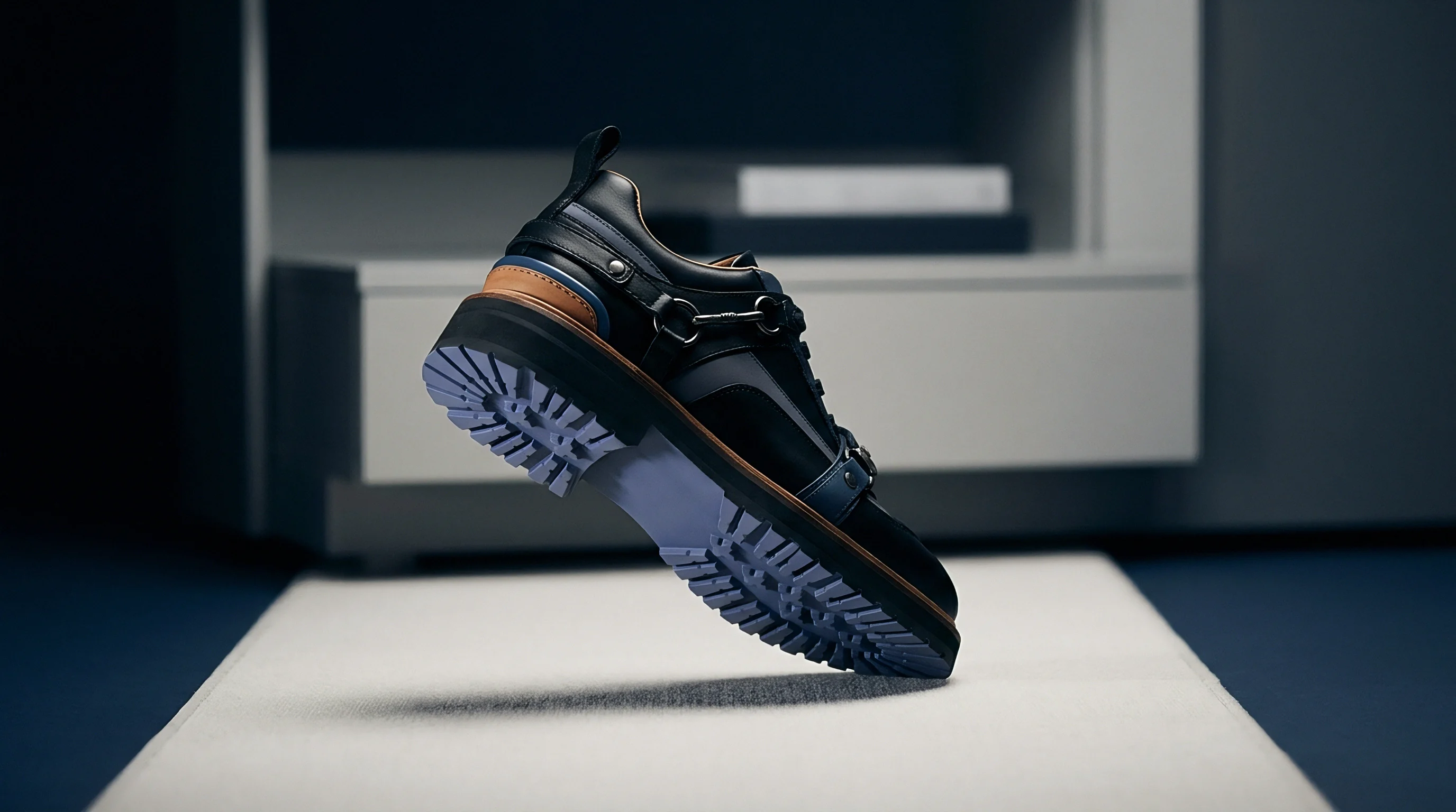 A leather hybrid shoe with a heavy lugged blue sole balances on its toe over a light runner inside a retail display.