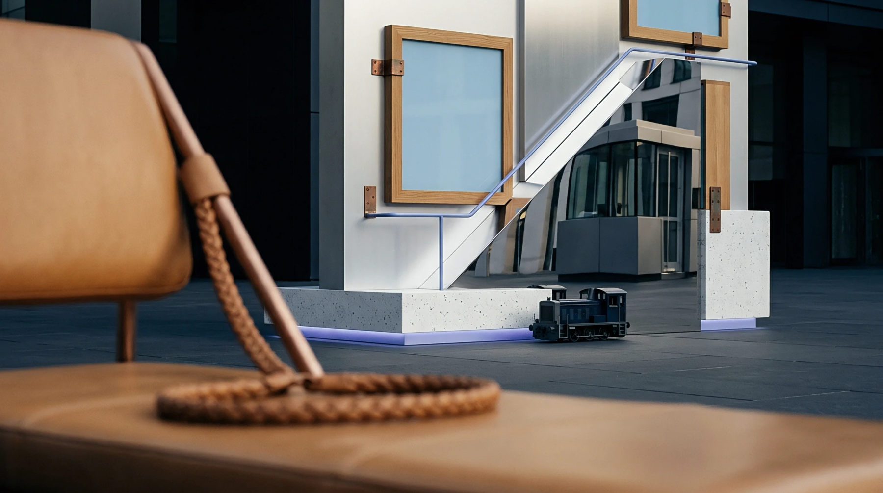 Tan leather upholstery with a braided strap occupies the foreground before a white architectural column with framed panels and a miniature locomotive.
