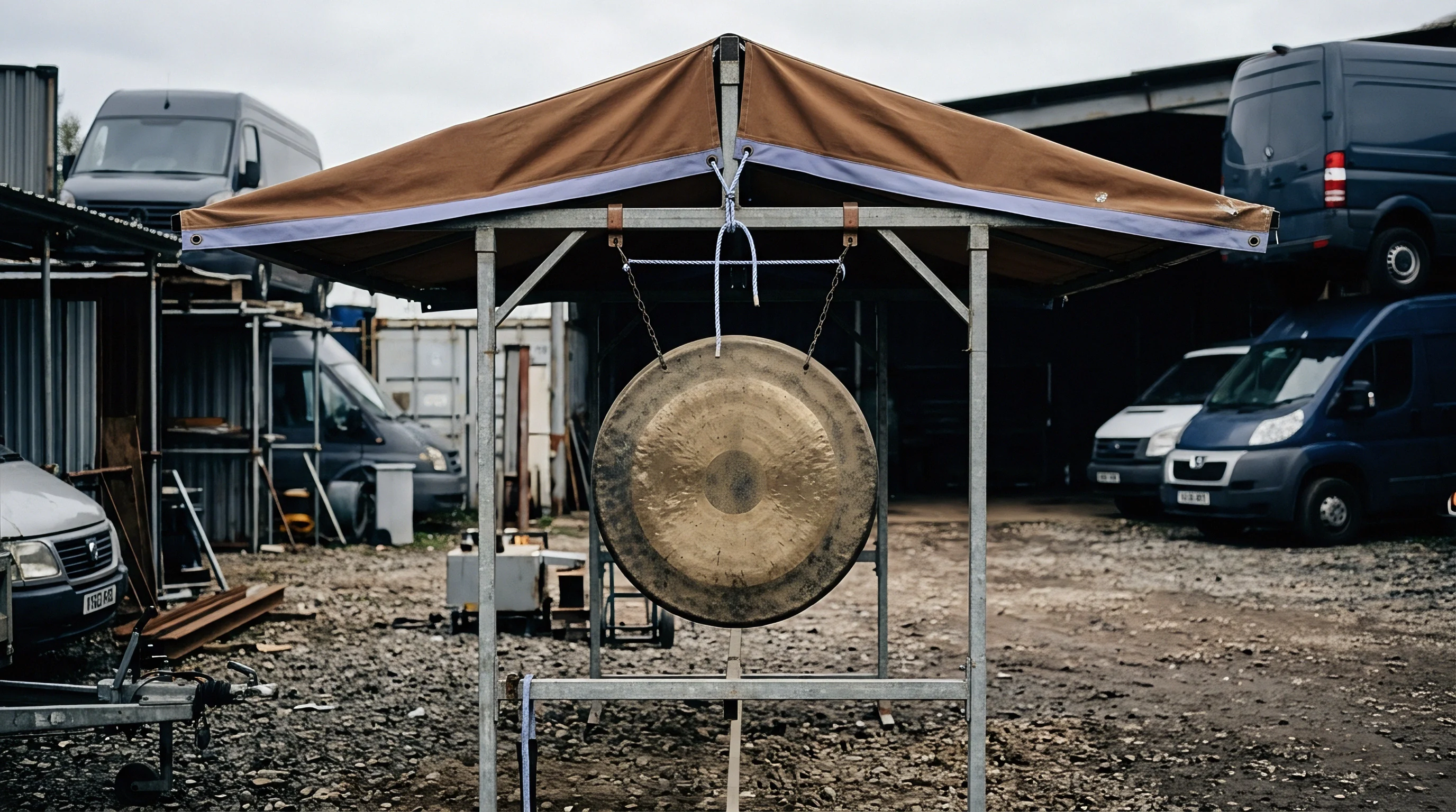 A round metal plate hangs by chains from a steel frame under a brown textile canopy within a commercial vehicle yard.