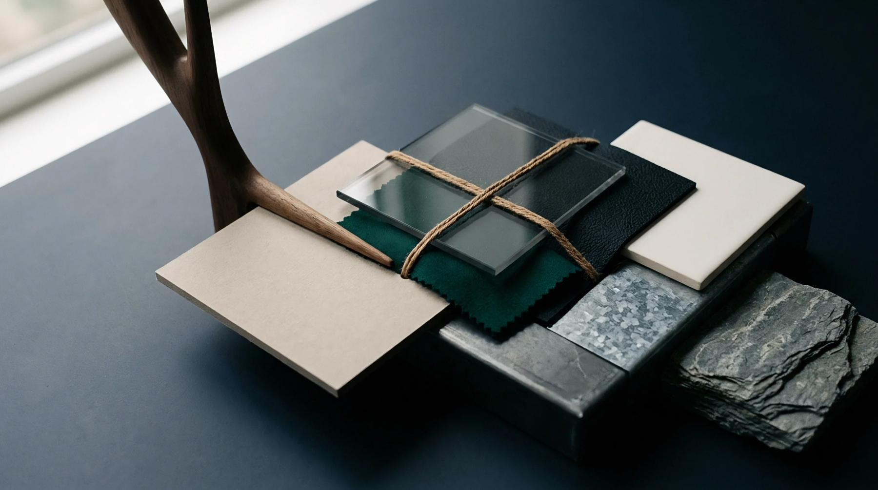 Material samples including glass, textile, metal, and stone are arranged on a dark surface alongside a wooden sculptural element.