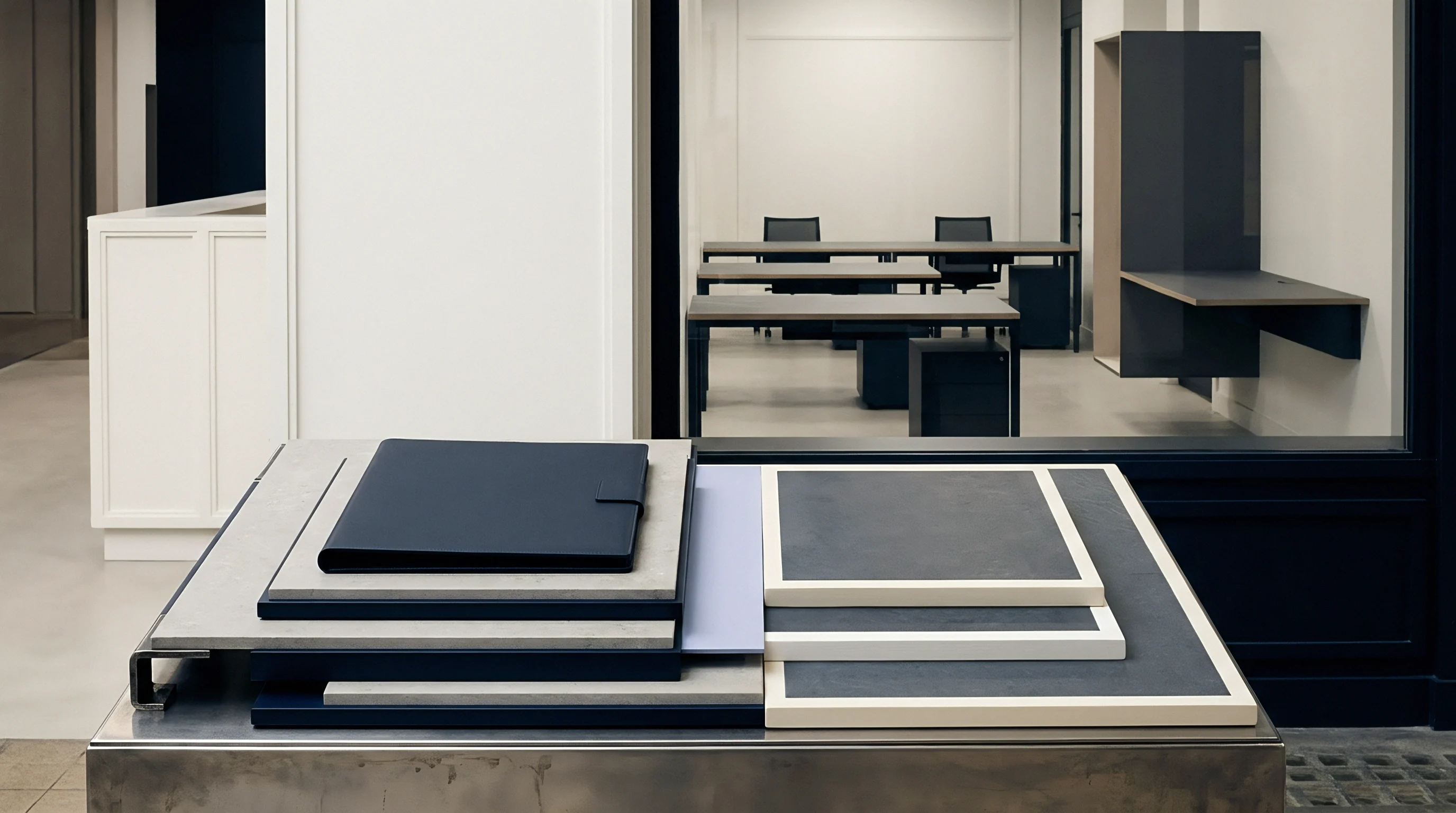 Material sample boards and finish swatches rest on a metallic presentation table inside a minimalist commercial showroom environment.