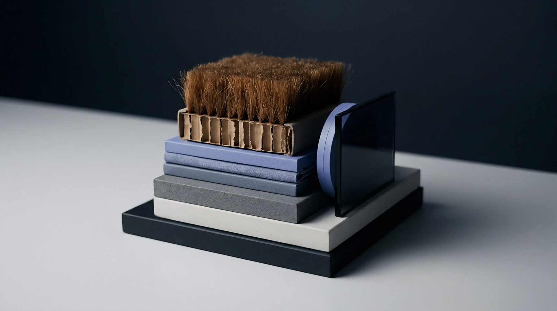 Various layered material samples including textured brush components, corrugated board, textiles, and composite slabs rest upon a dark presentation base.