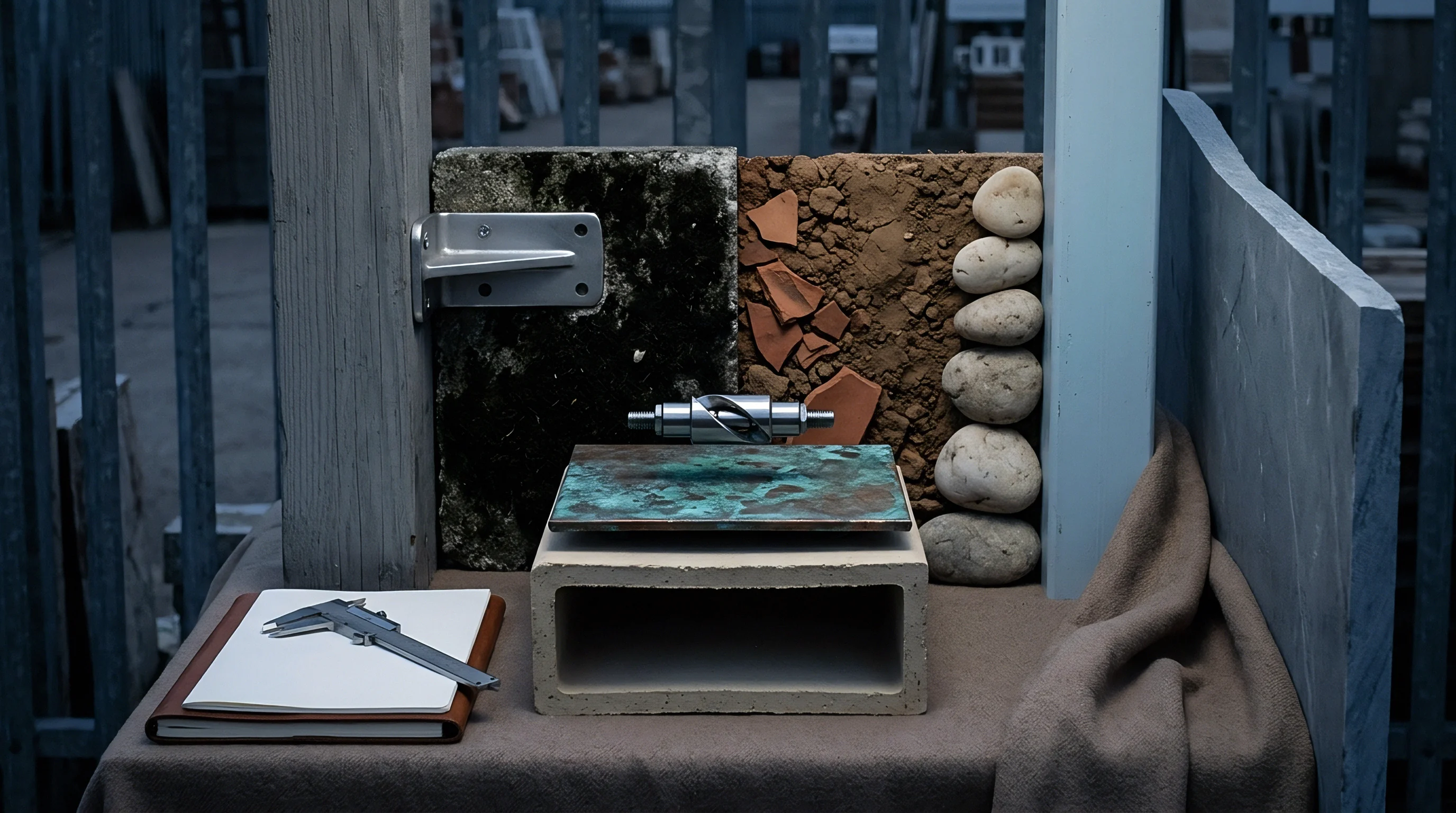 Various industrial material samples including textured stone fragments, metal components, and raw aggregate are arranged on a workshop testing table.