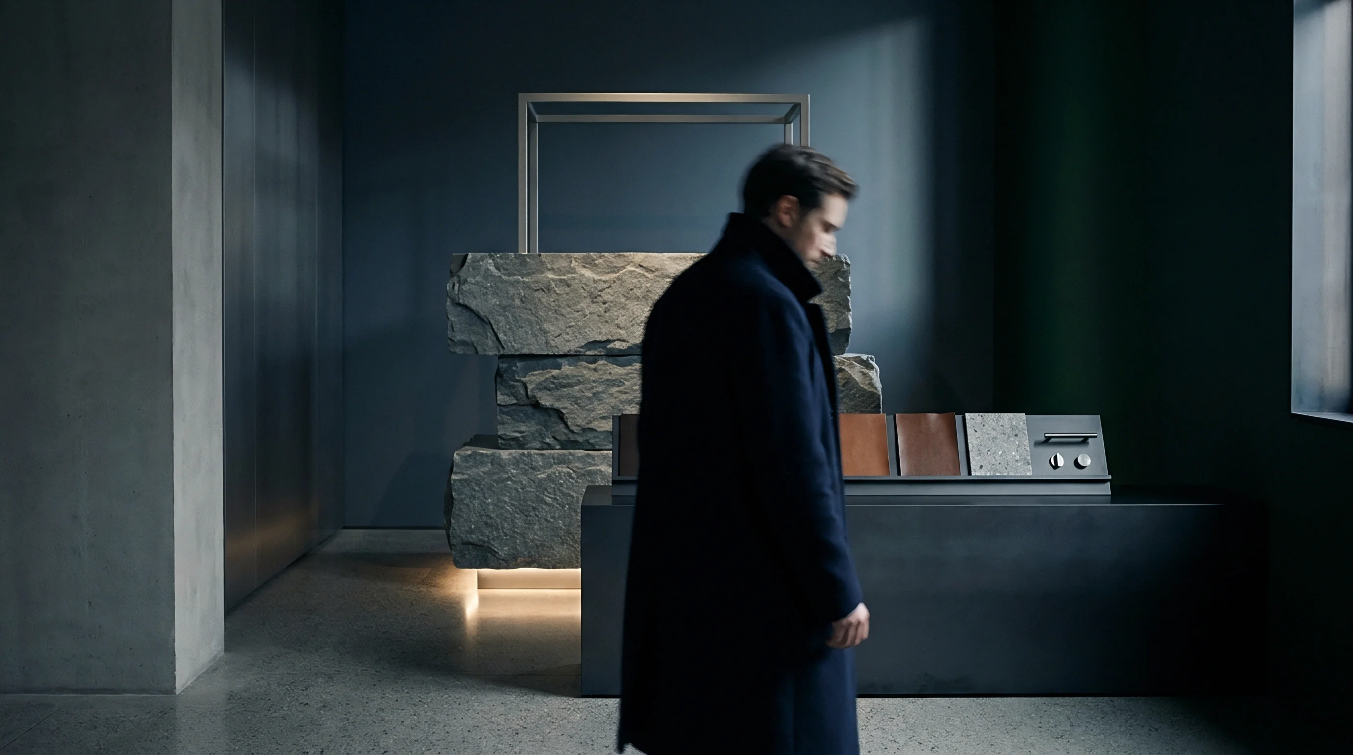 A man walks past a curated display of material swatches including leather and stone finishes within a modern showroom setting.