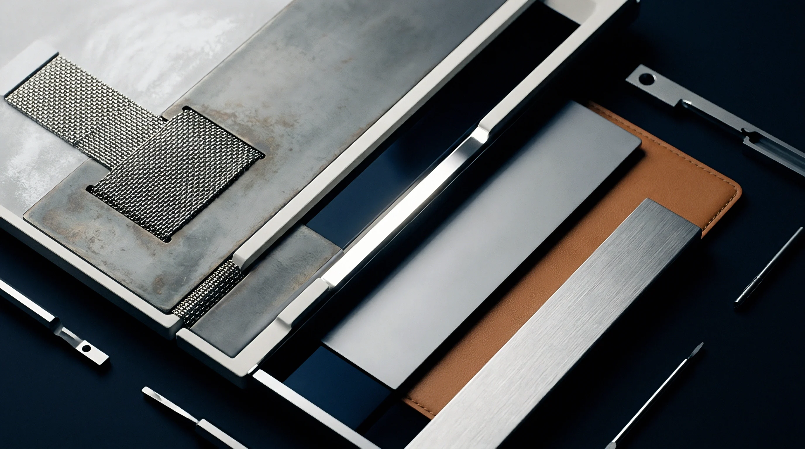 Precision metal swatches and woven mesh textiles alongside machined hardware components rest on a dark production display surface.