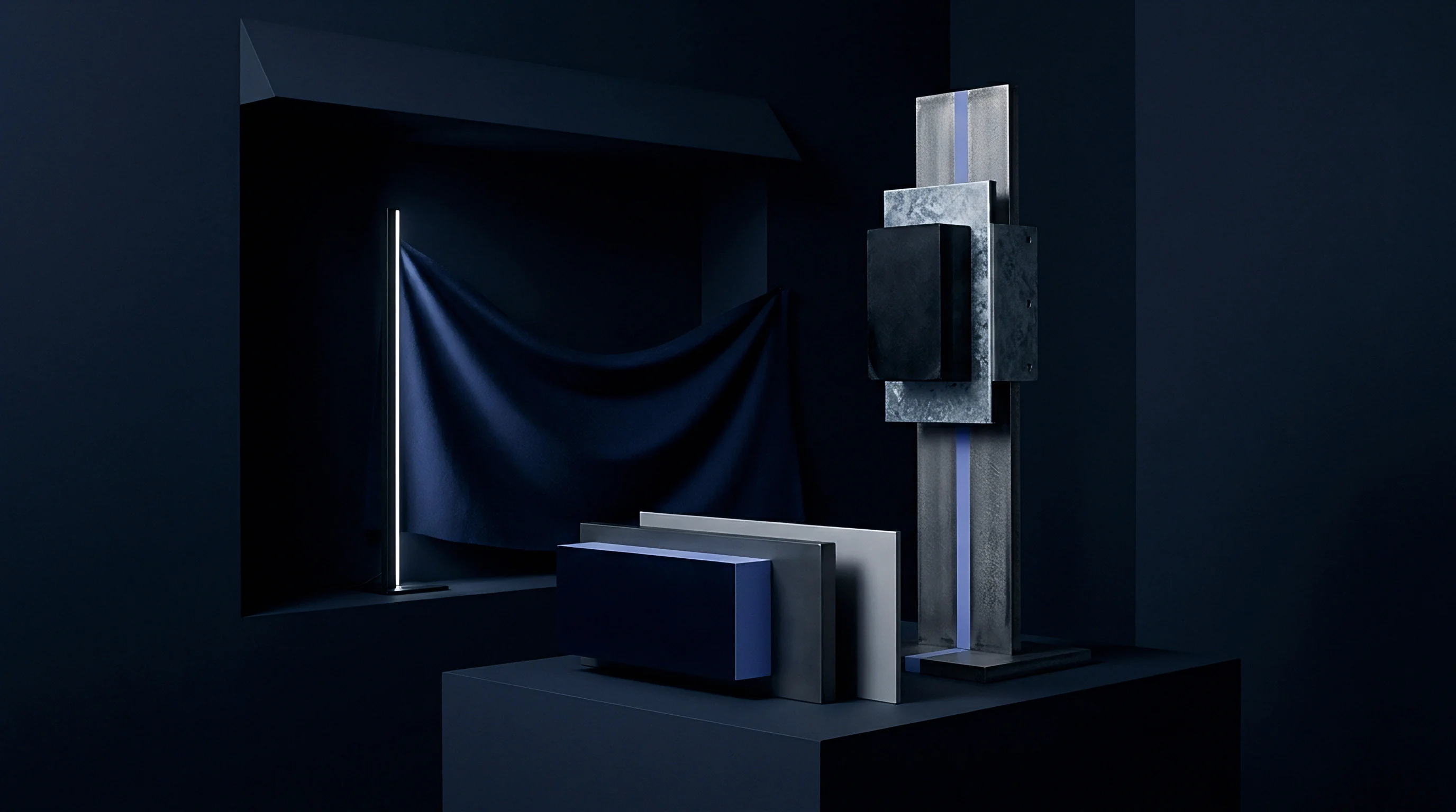 Digital rendering of modular geometric forms in metal and matte finishes arranged alongside draped fabric in a dark monochrome environment for luxury product visualization.
