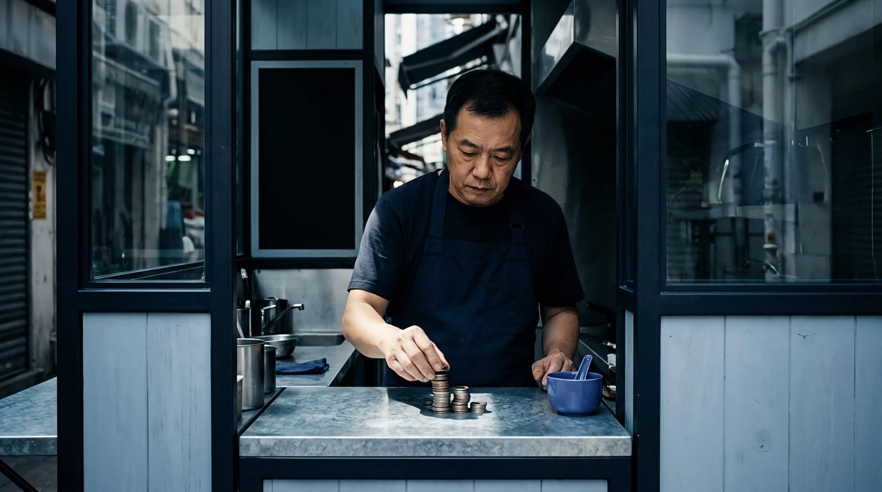 An operator wearing a dark apron stacks metallic coins on a stainless steel counter inside an urban service kiosk.
