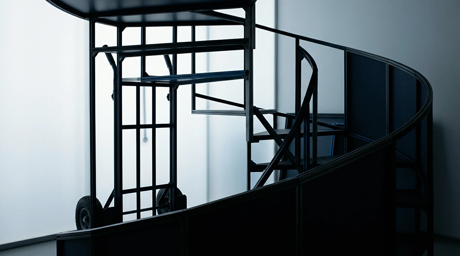 Modular steel display structure with integrated wheel casters rests against a backlit white partition within an industrial production environment.
