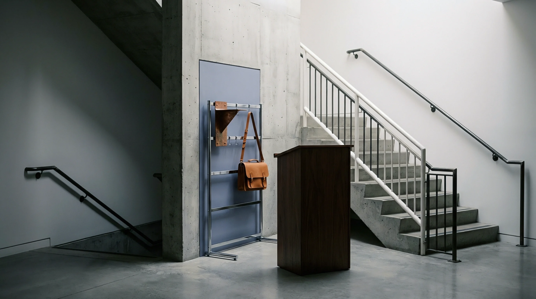 A tan leather satchel hangs from a metallic clothes rack beside a wooden lectern in a concrete stairwell with minimalist architectural detailing.