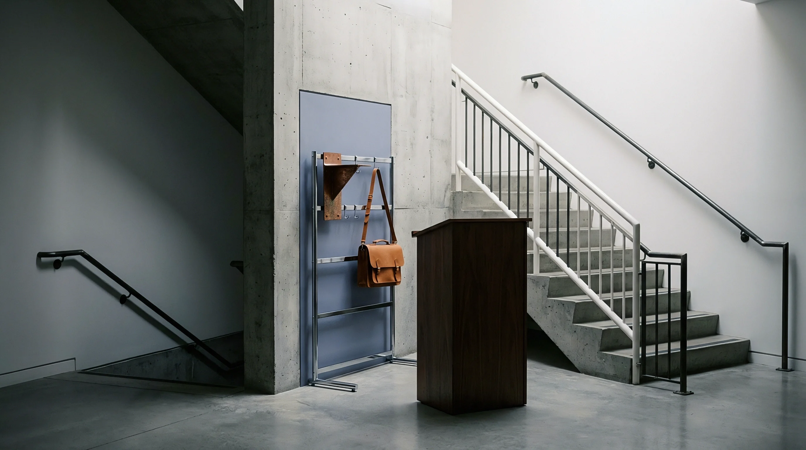 A tan leather satchel hangs from a metallic clothes rack beside a wooden lectern in a concrete stairwell with minimalist architectural detailing.