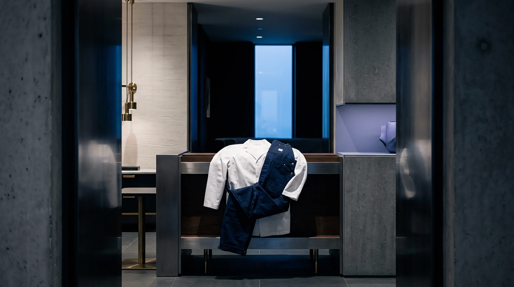 A contemporary interior features a white collared shirt and dark trousers draped over a sleek, low-profile display console.