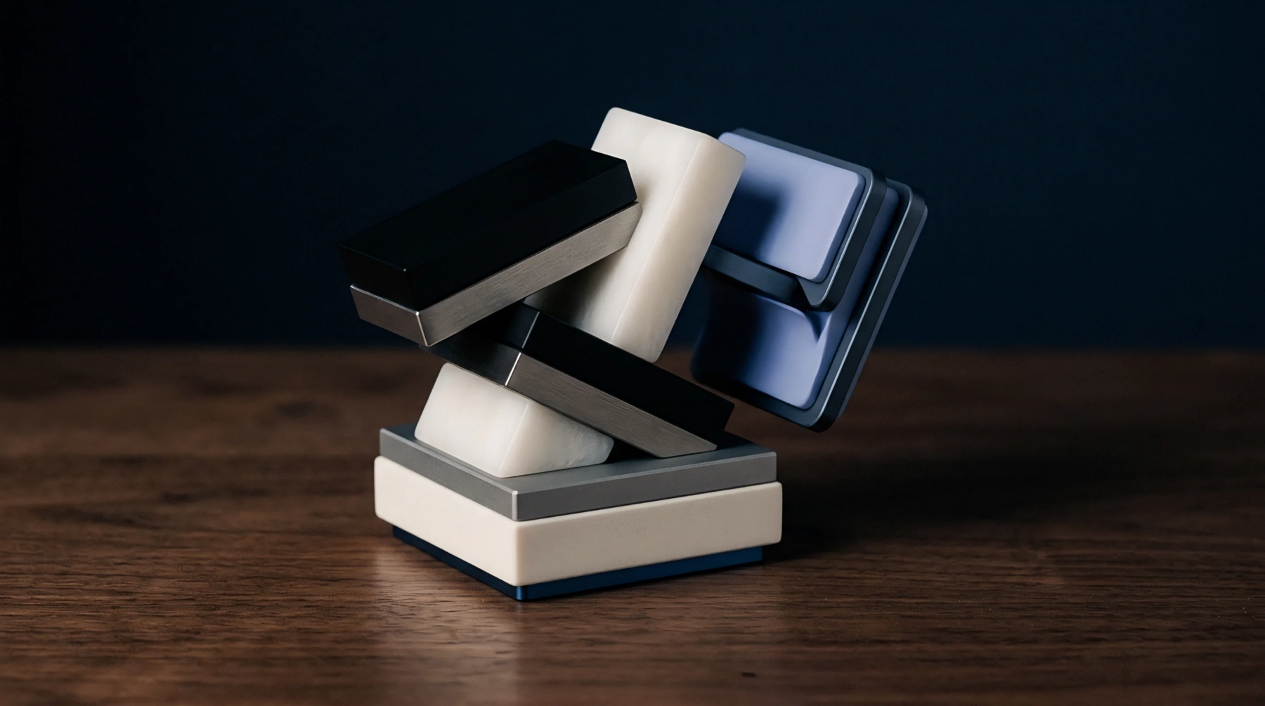 A precarious stack of geometric blocks composed of matte black white and blue resin and metal elements rests on a dark wooden surface.