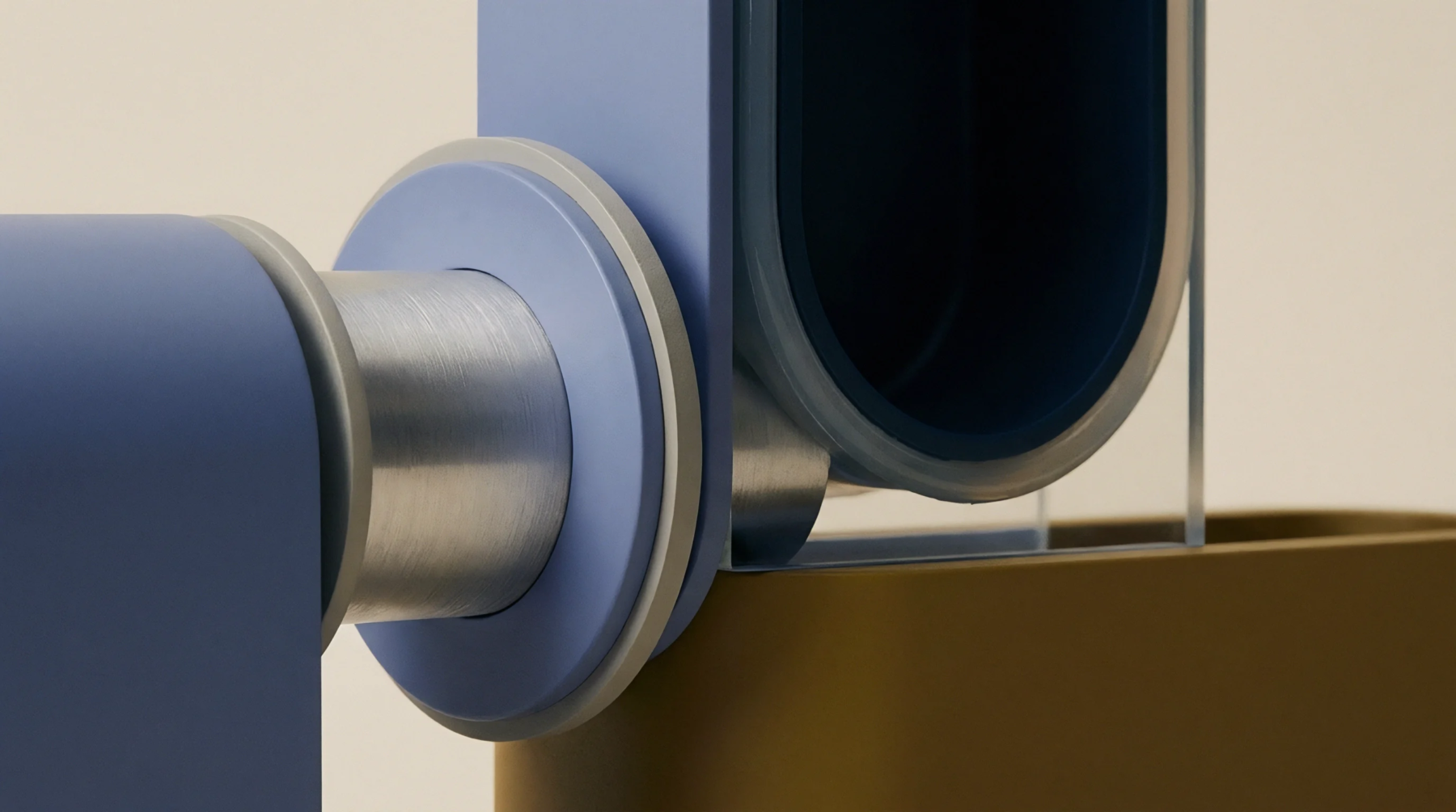 A render depicts a close-up view of a modular system's connection point with a transparent container, demonstrating industrial design and material integration.