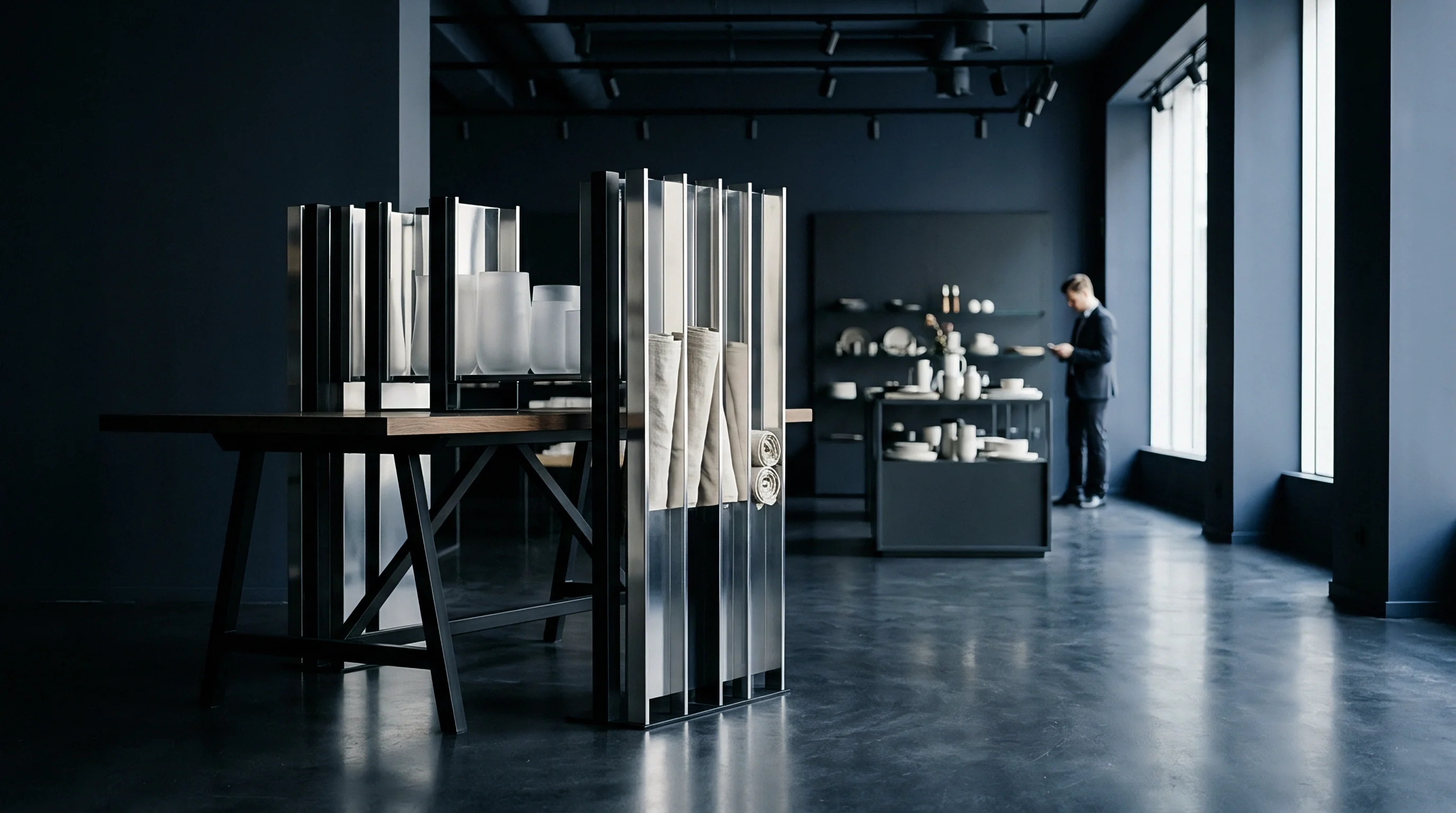 Metallic modular partitions and a wooden trestle table stand within a dark grey showroom featuring ceramic merchandise and a suited professional.