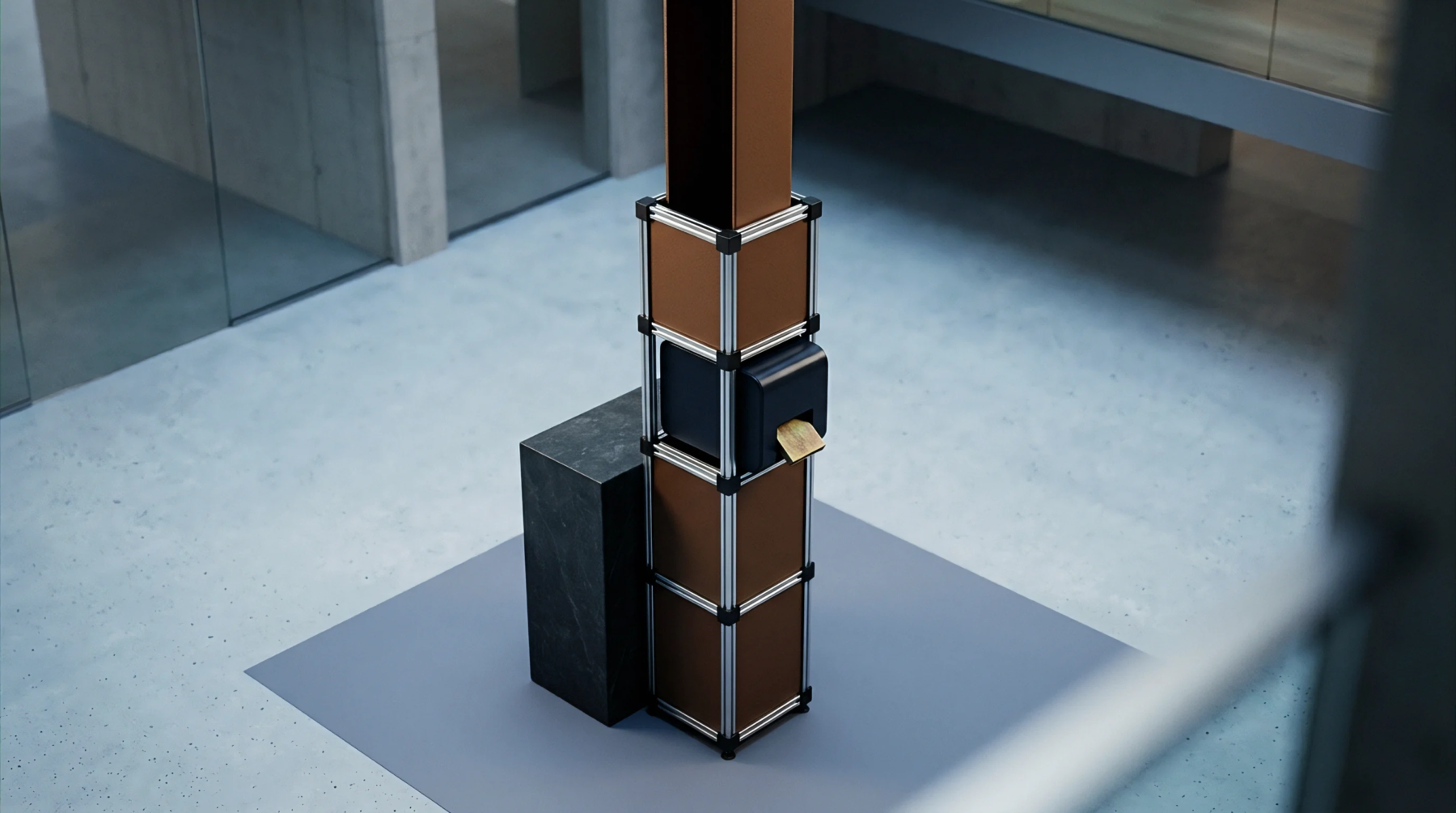 A three dimensional render contains a modular tall pillar with brown panels and a black dispensing unit in a minimalist hall.