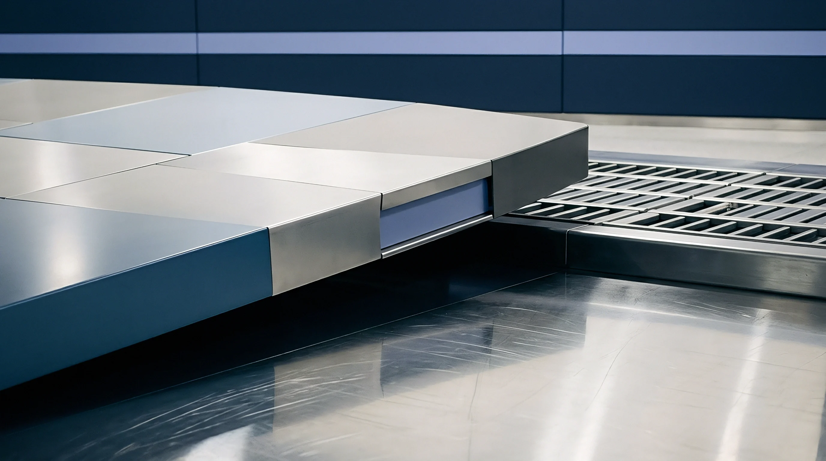 Precision engineered metal and composite modular floor tiles align with a drainage grate inside an automated fulfillment center production hall.
