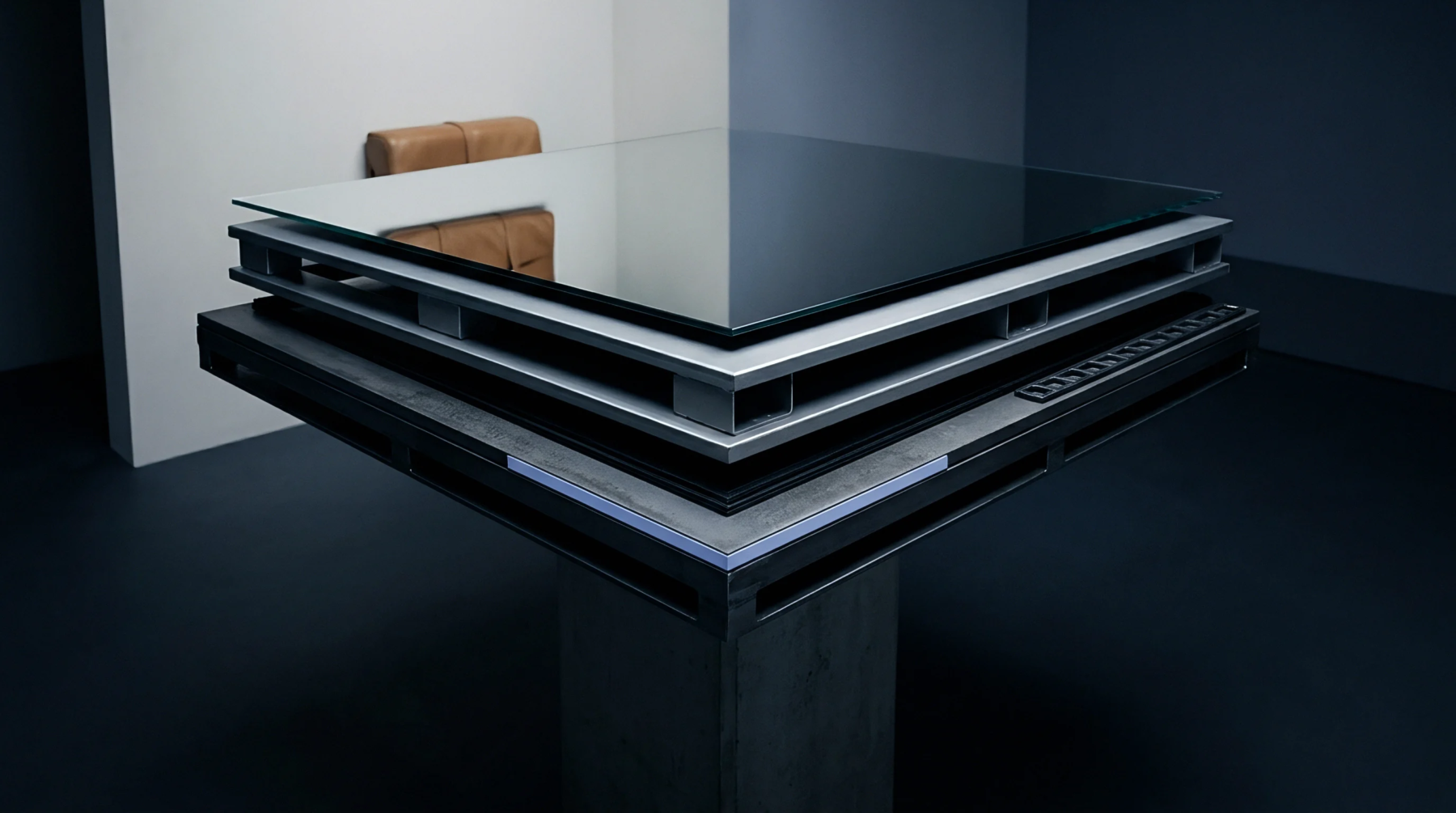 Stacked metal pallet structures support a glass tabletop inside a neutral commercial showroom with a leather seat visible behind.