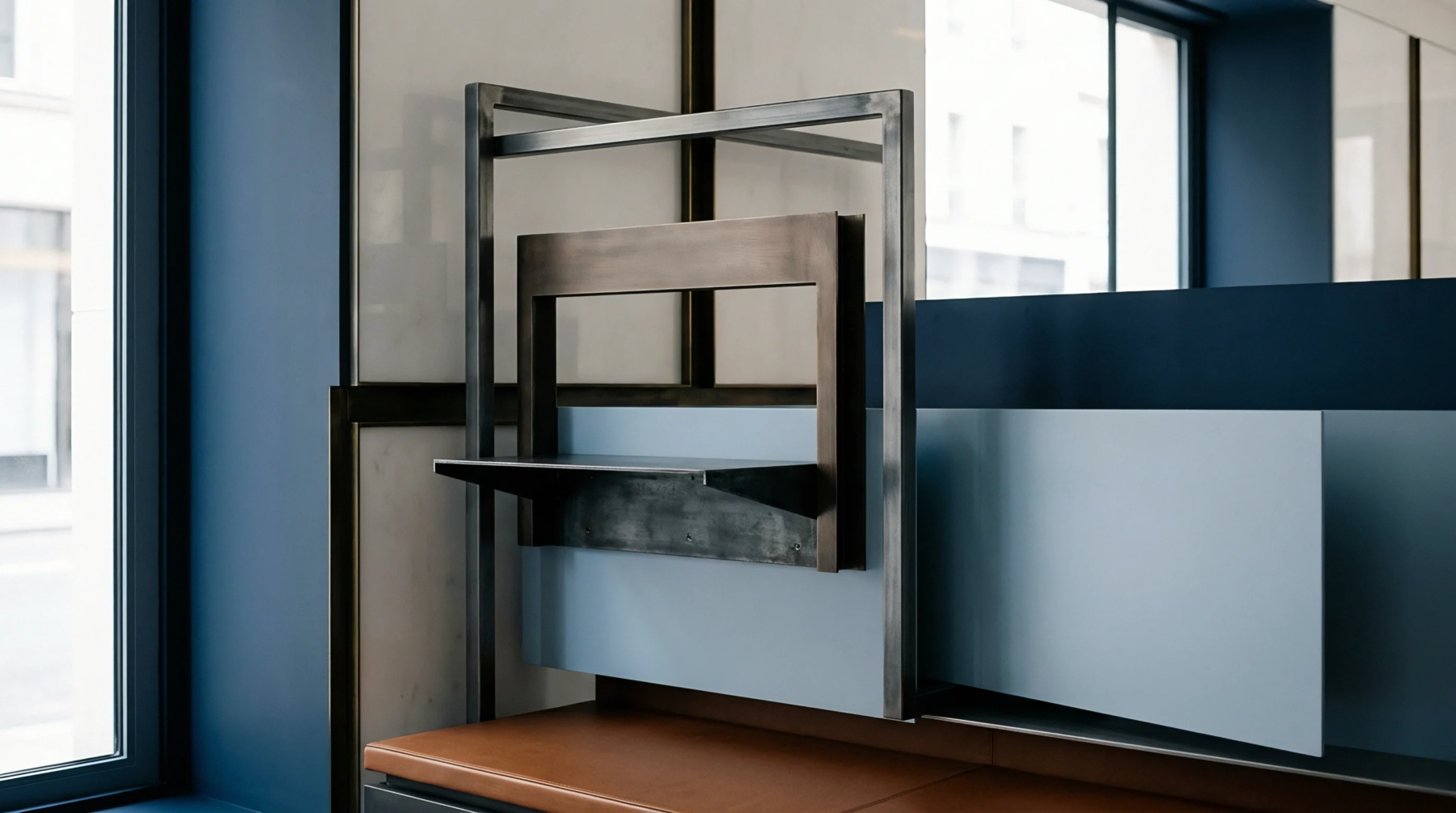 Steel frame and blue panels form a modular retail fixture positioned above a leather upholstered counter inside a commercial showroom.
