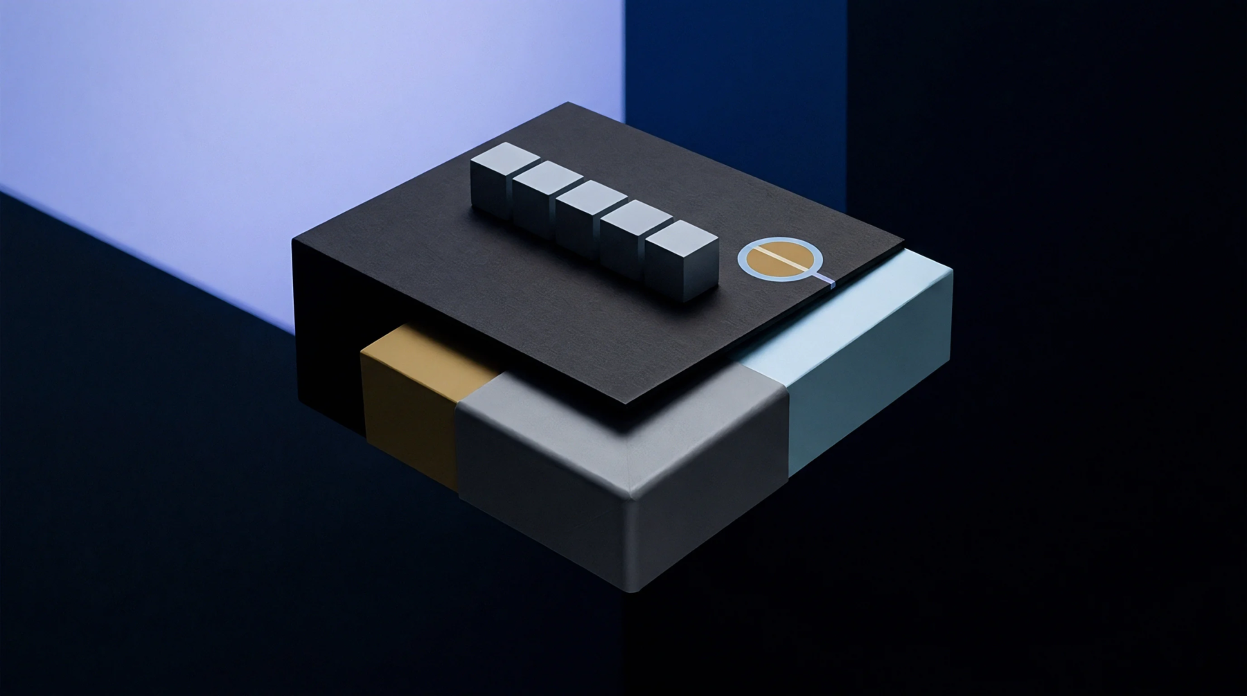 An abstract 3D render displays a layered assembly of matte black and colored geometric blocks against a split blue and dark background.