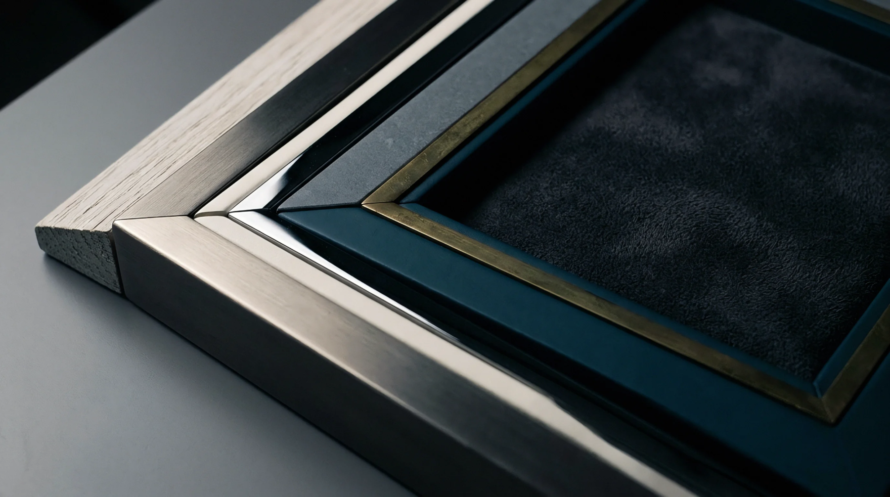 Interlocking mitered corner samples present assembled wood metal and textile components used in premium packaging production and custom framing.