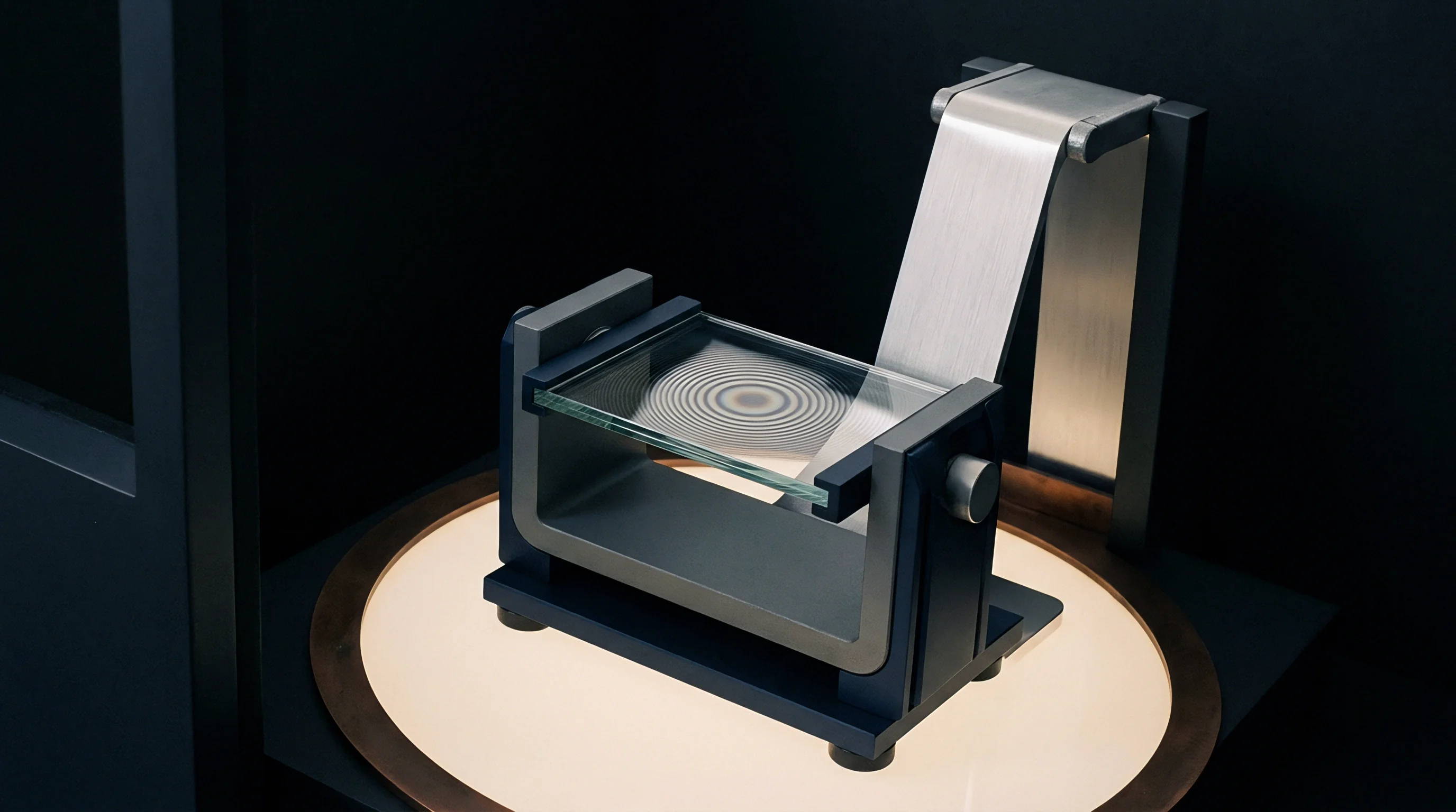A specialized optical interferometer apparatus rests on a circular stand displaying concentric interference patterns on the glass specimen to verify surface precision.
