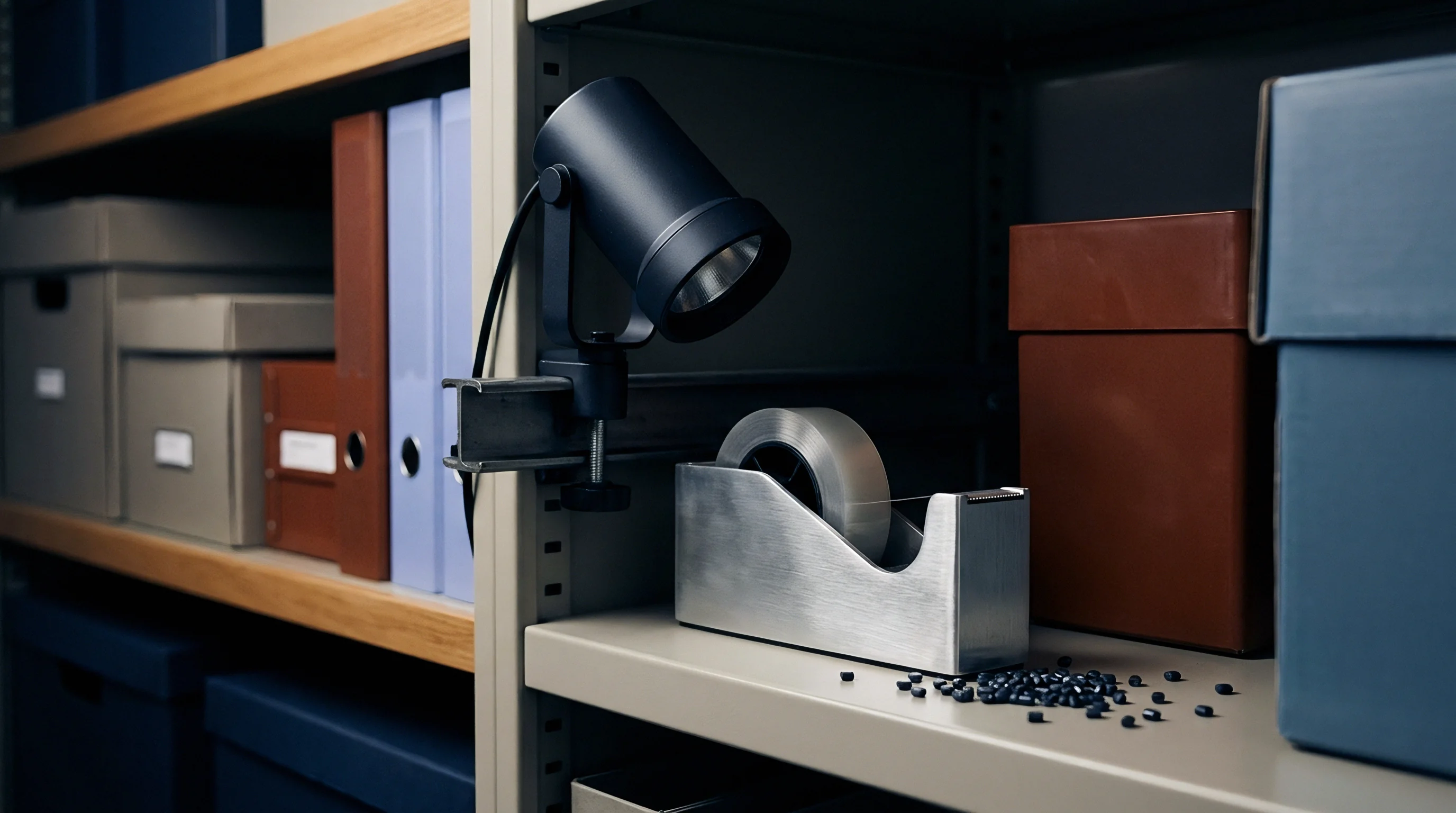 A metal tape dispenser and small plastic particles sit on a shelf alongside storage containers and a clamped spotlight in a distribution facility.