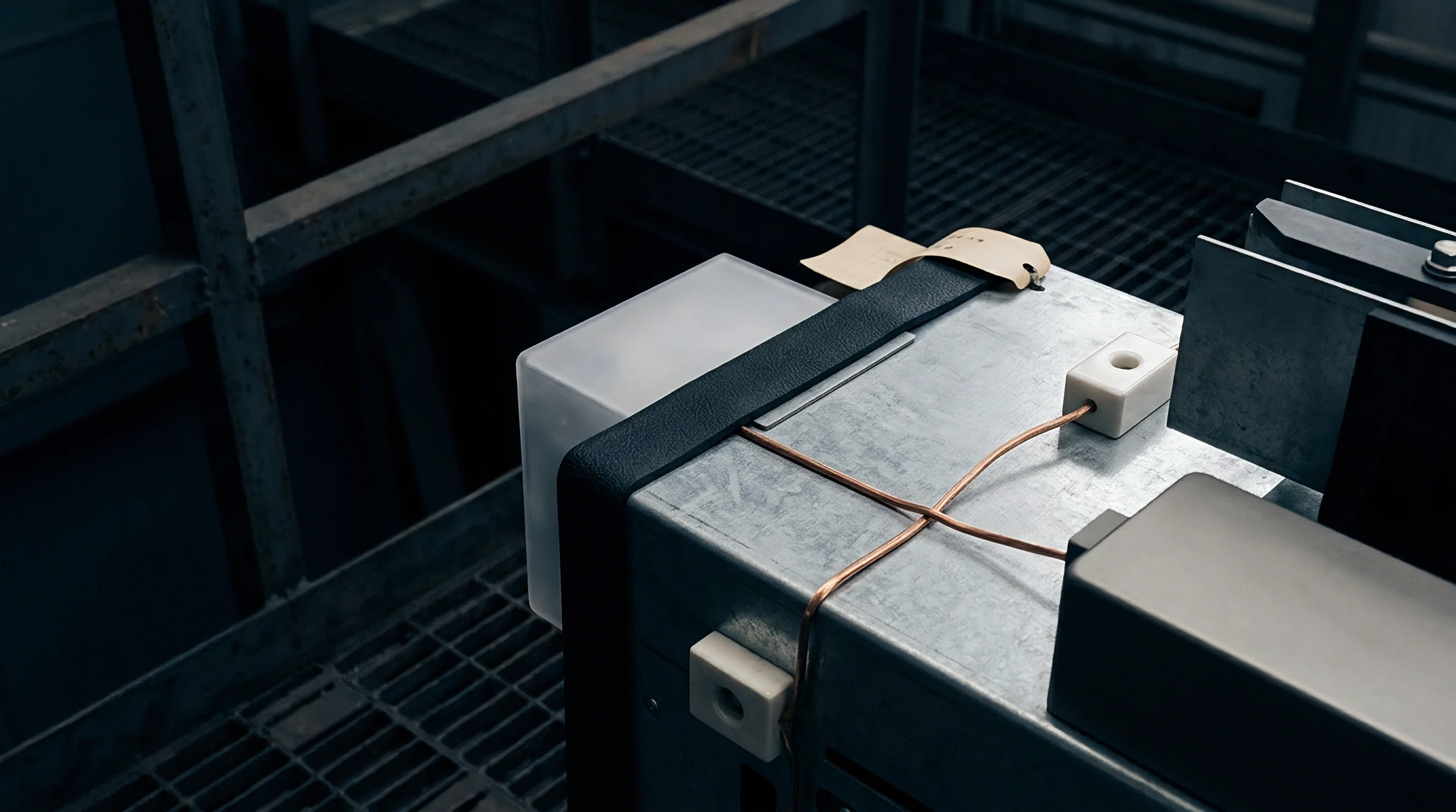 A metallic industrial housing features copper wiring routed around ceramic insulators mounted on a galvanized steel control panel in a factory.