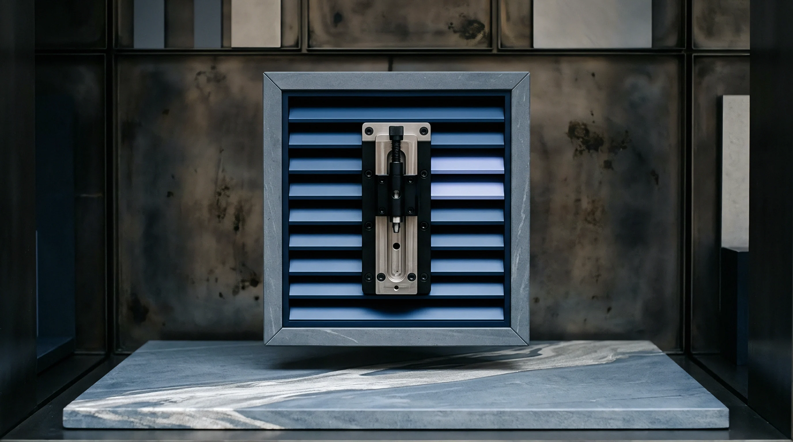 A metal louver mechanism with blue aluminum slats and a central adjustment screw stands positioned upon a grey stone slab counter.