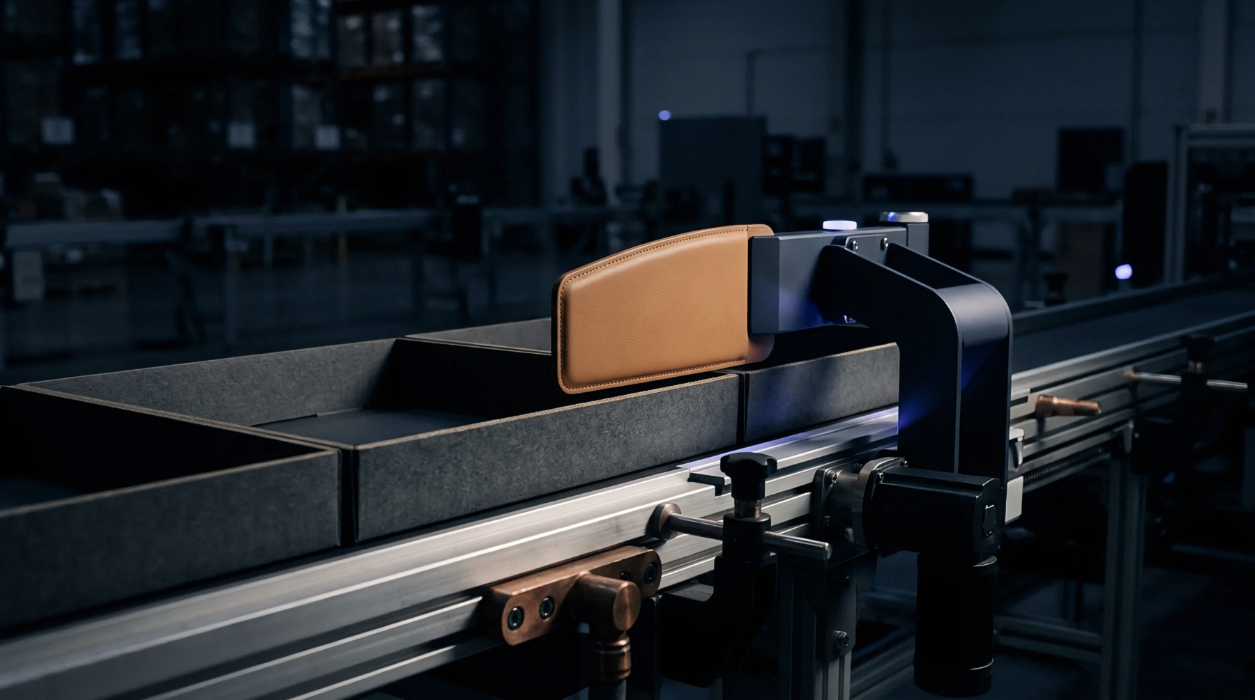 An automated industrial robotic arm places a tan leather item into a structured black container on a moving factory conveyor belt system.