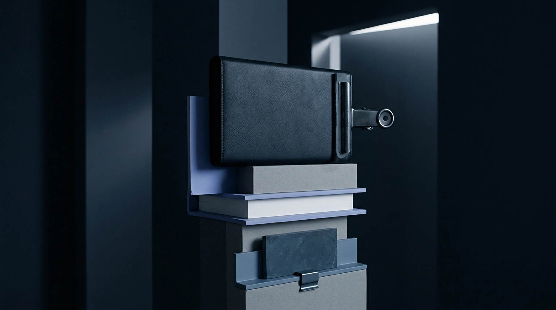 A leather notebook rests atop layered architectural blocks and geometric partitions in this three dimensional digital render of high end retail display components.