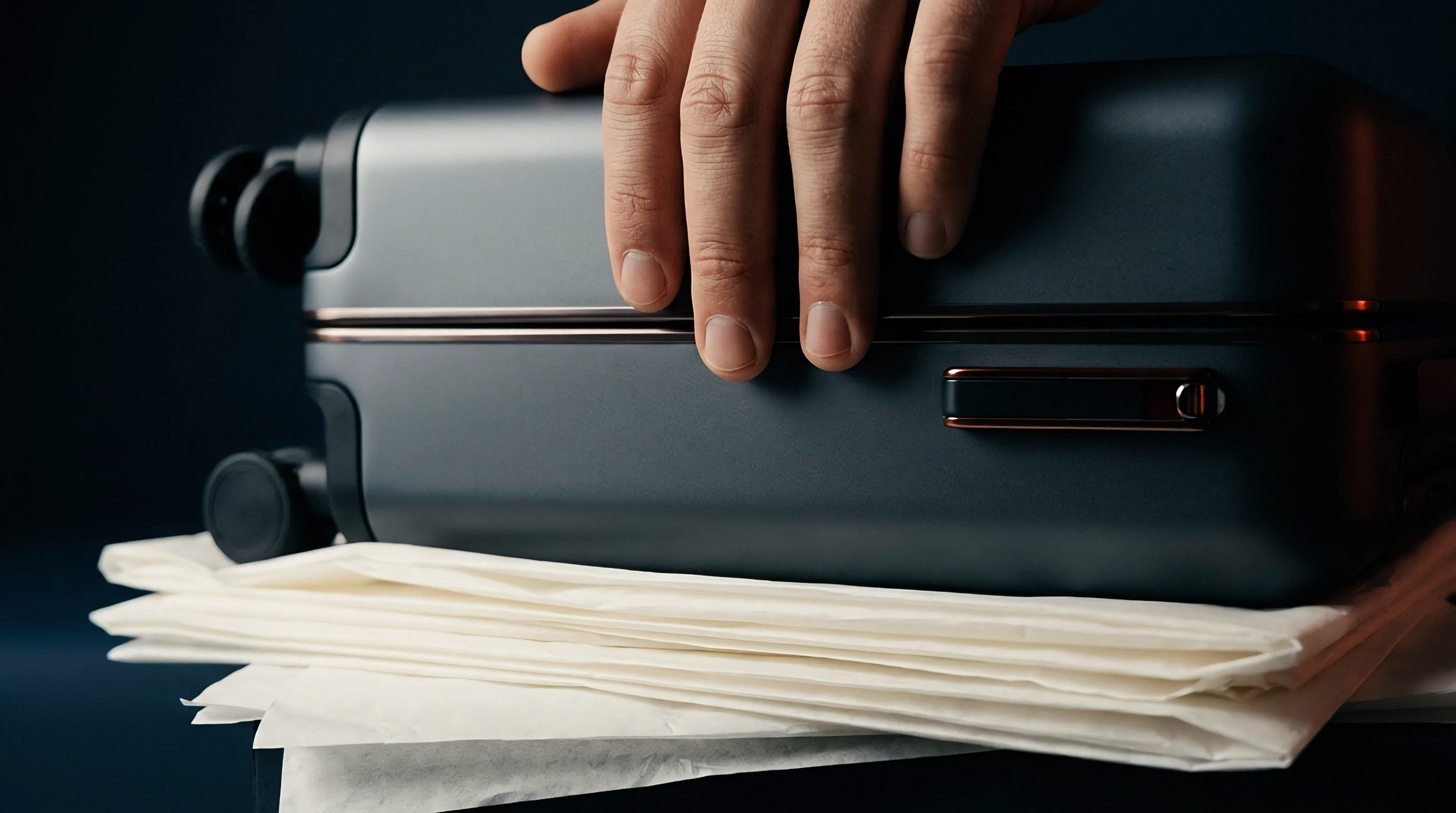 A dark grey modern suitcase with rose gold accents rests on white protective paper under a human hand against a dark background.