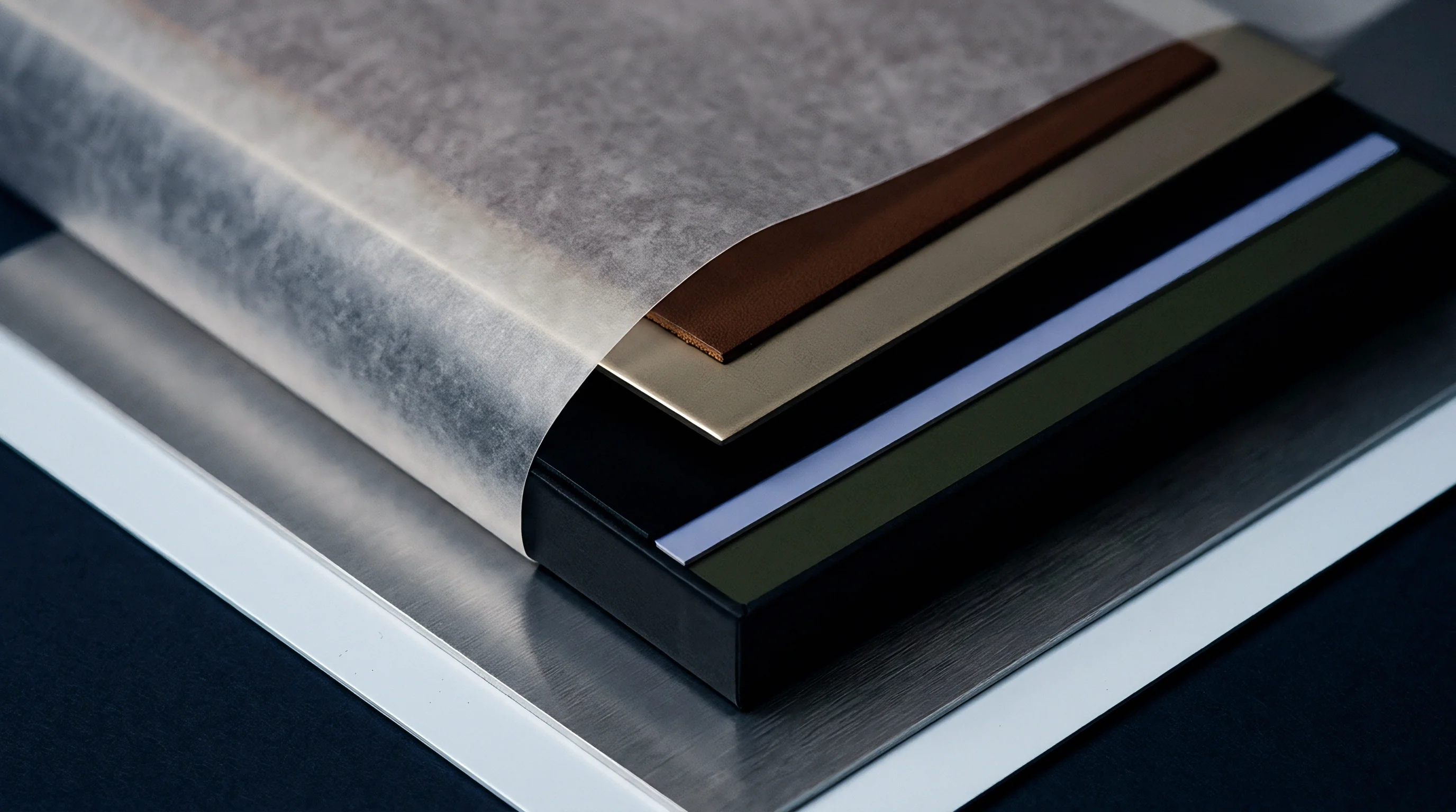 Multiple layered production samples feature brown leather textures and rigid structural panels protected by translucent tissue overlaid on brushed metal surfaces.