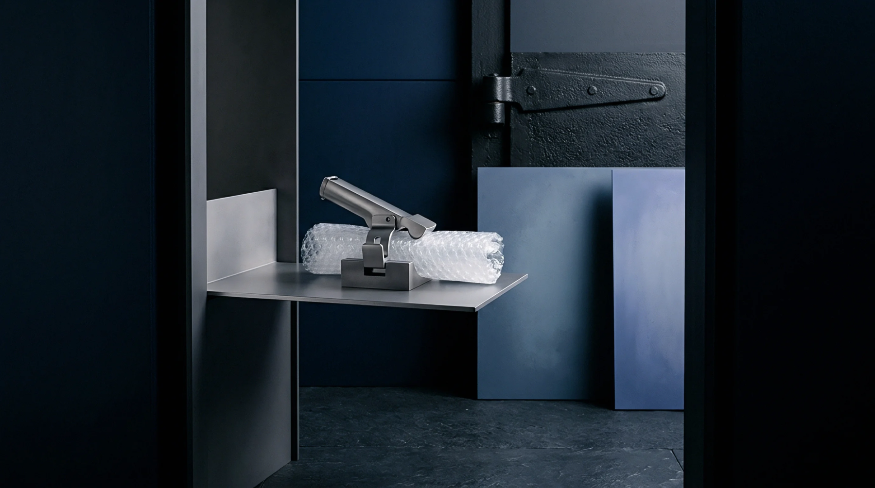 A metallic packaging dispenser clamp secures a roll of protective plastic cushioning upon a cantilevered steel shelf inside a dark blue production facility.