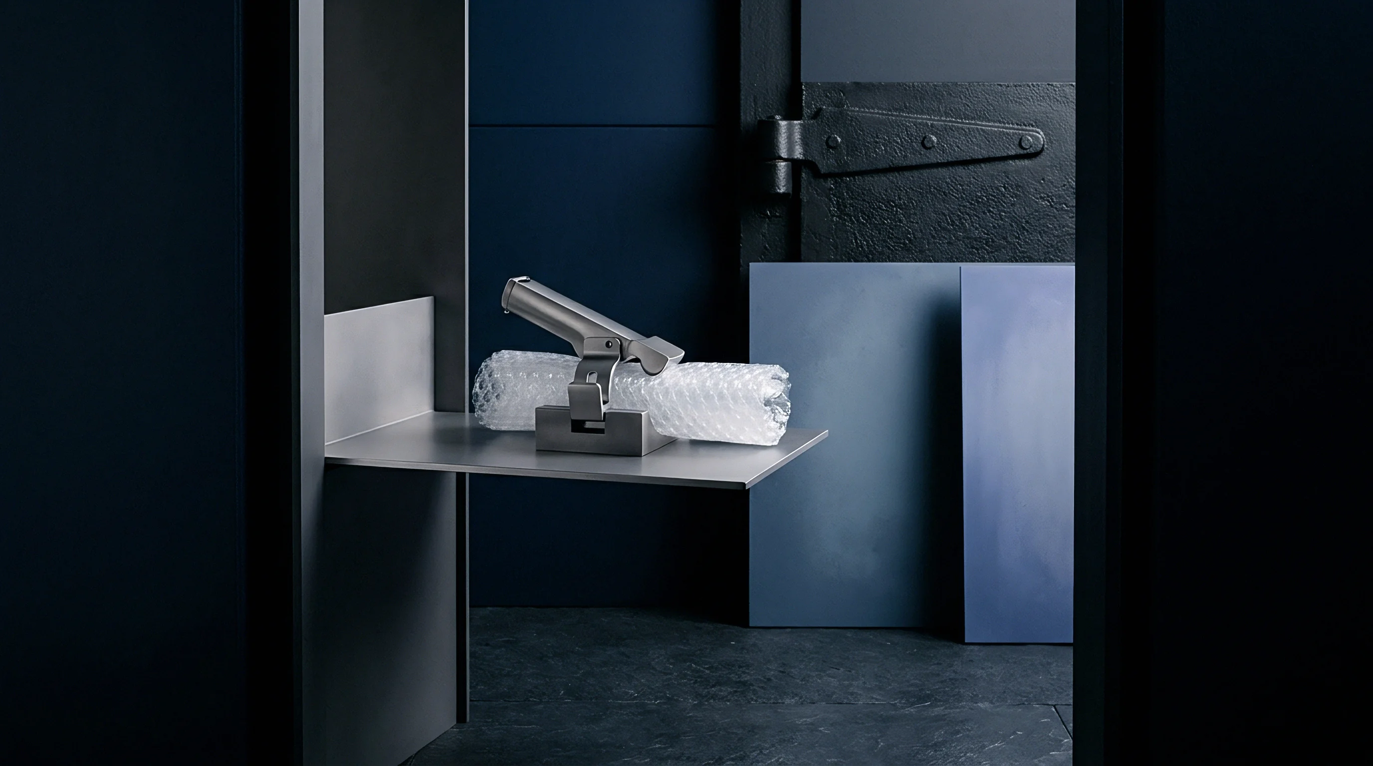 A metallic packaging dispenser clamp secures a roll of protective plastic cushioning upon a cantilevered steel shelf inside a dark blue production facility.